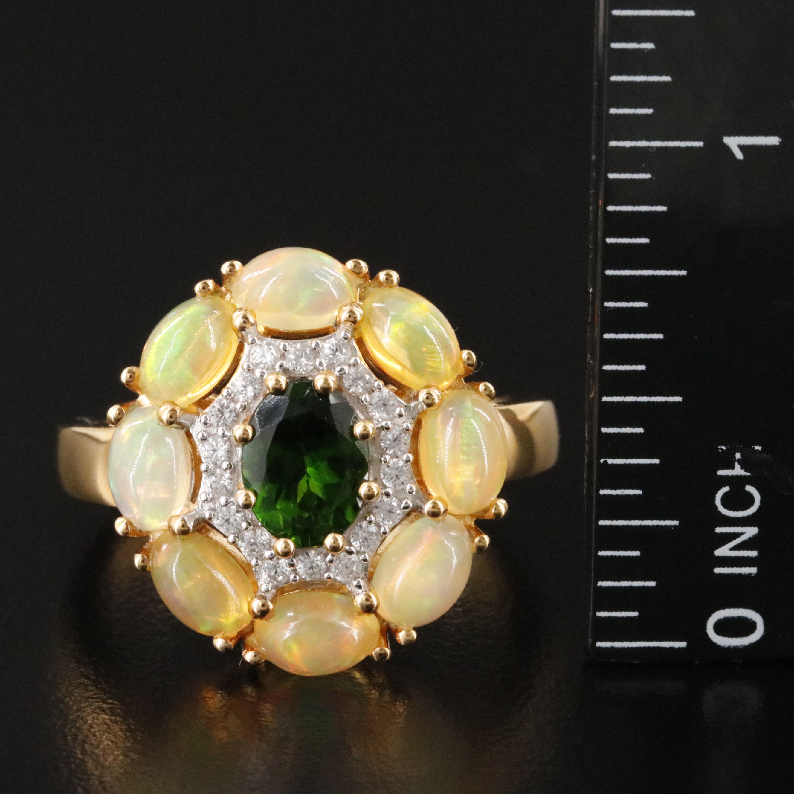 Sterling Chrome Diopside, Opal, and White Zircon Ring