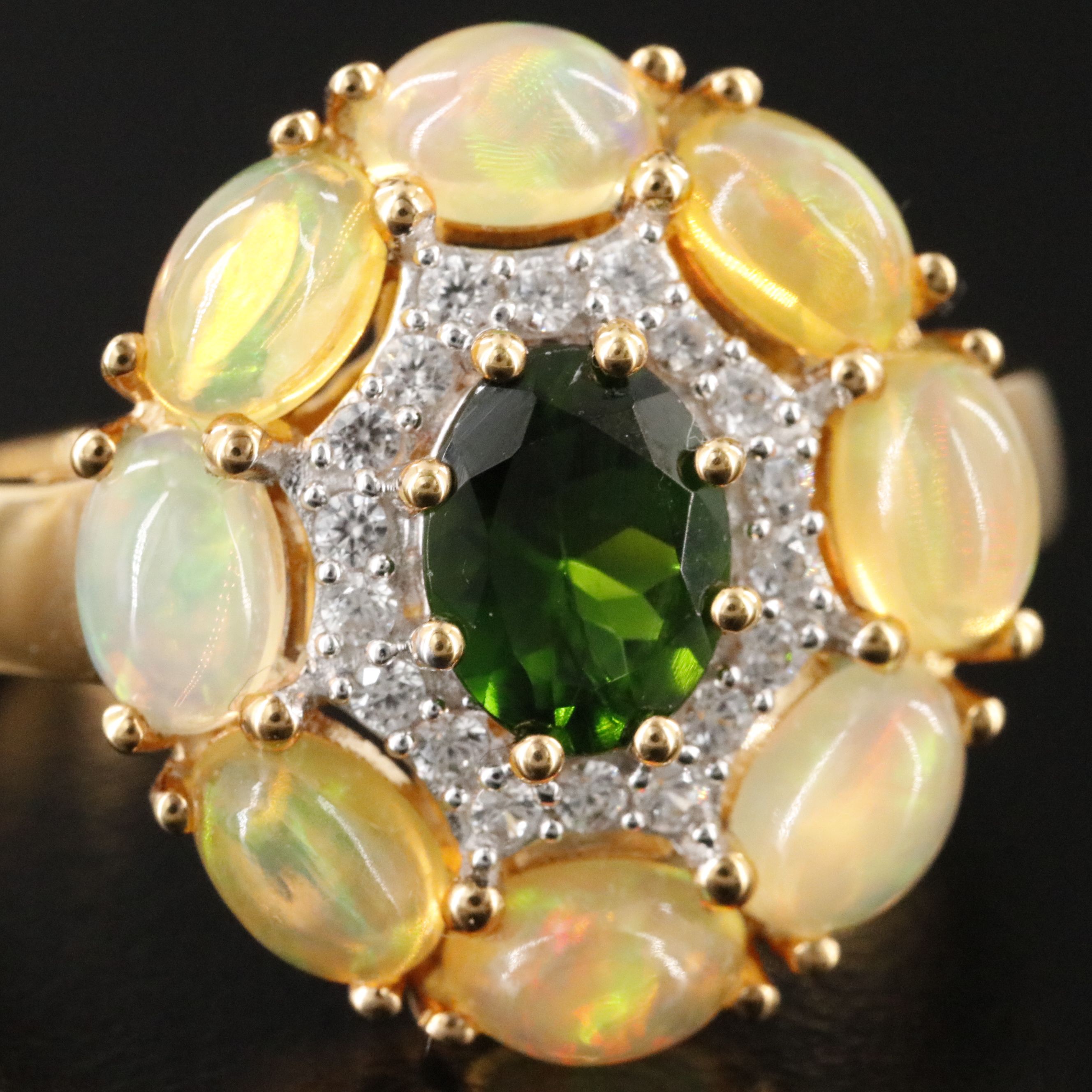 Sterling Chrome Diopside, Opal, and White Zircon Ring