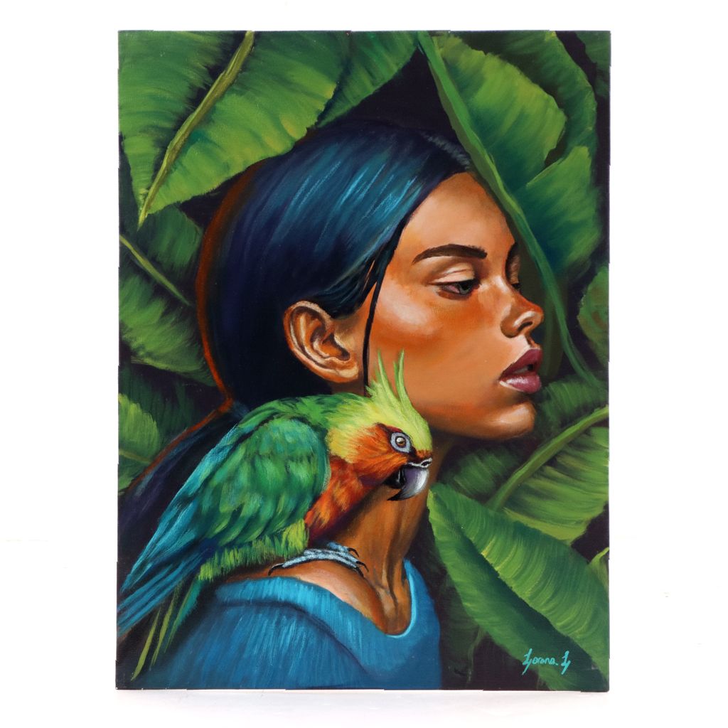 Loana L. Acrylic Painting of Girl with Blue and Gold Macaw, 21st Century