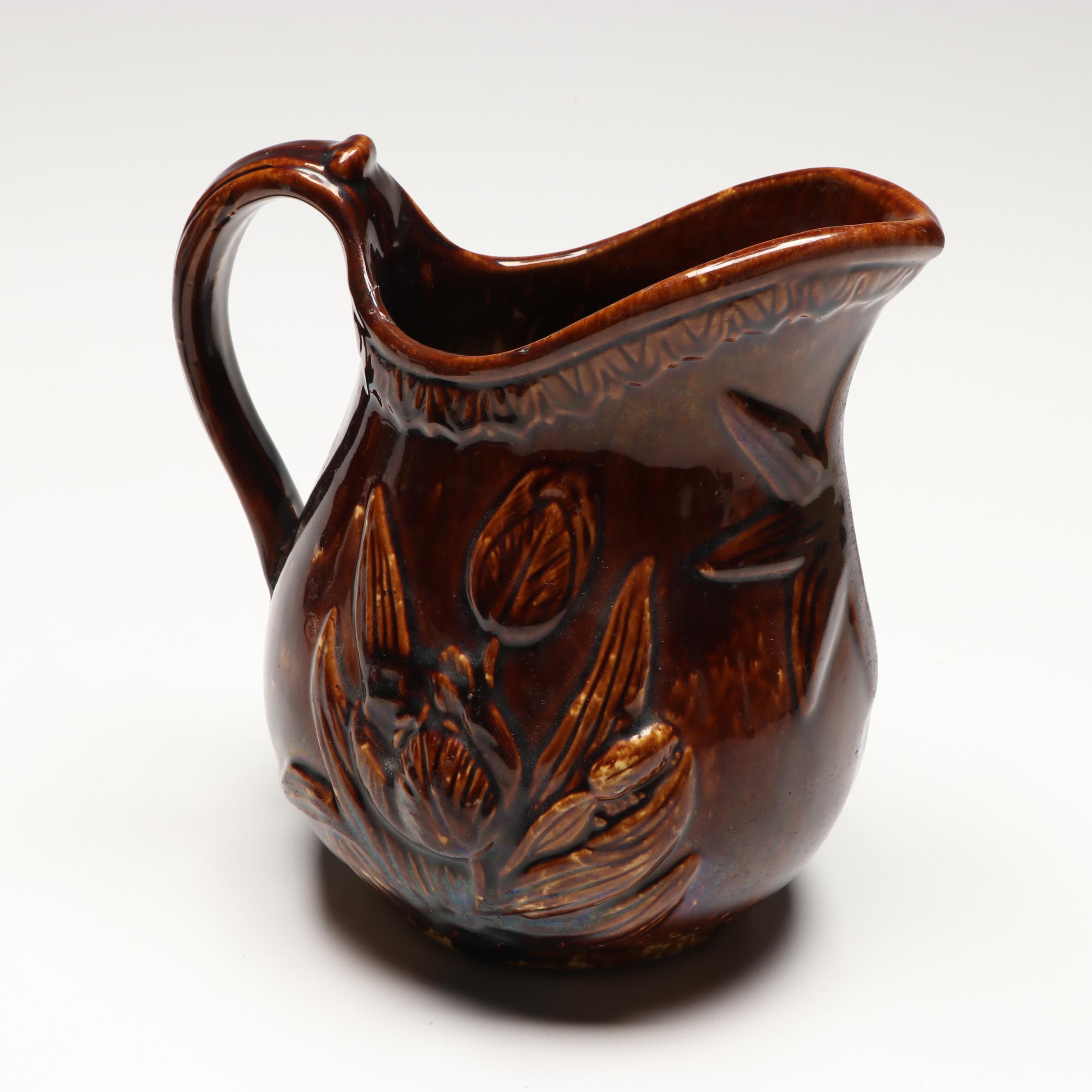Floral Pitcher with Rockingham Style Brown Glaze Pitcher