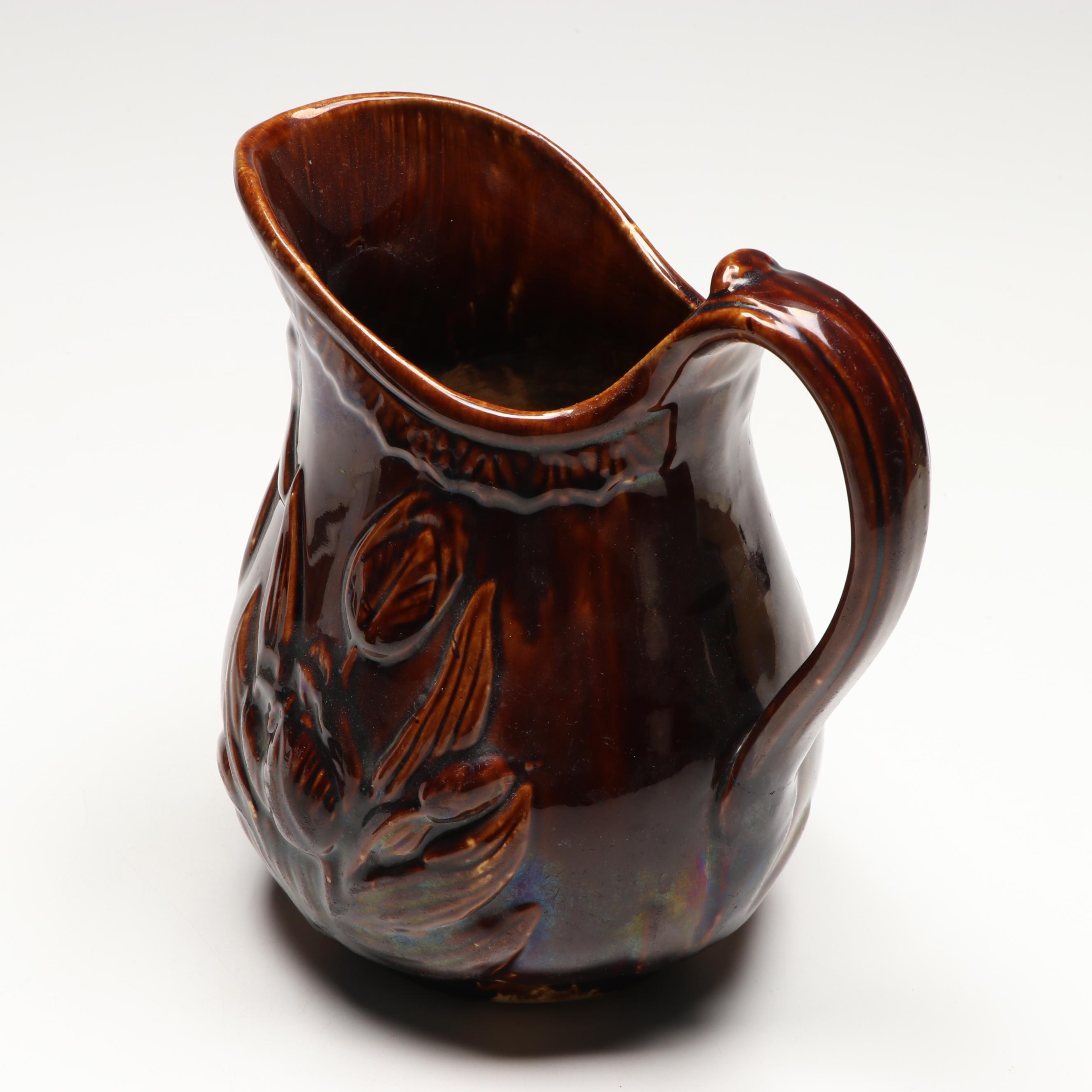 Floral Pitcher with Rockingham Style Brown Glaze Pitcher