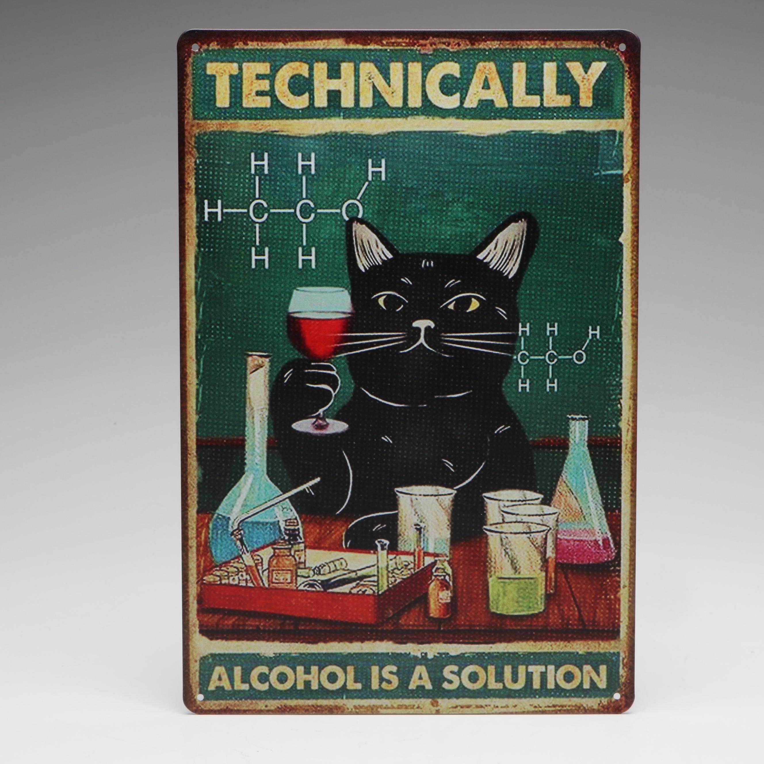 Giclée of Cheeky Black Cat "Technically, Alcohol Is a Solution"