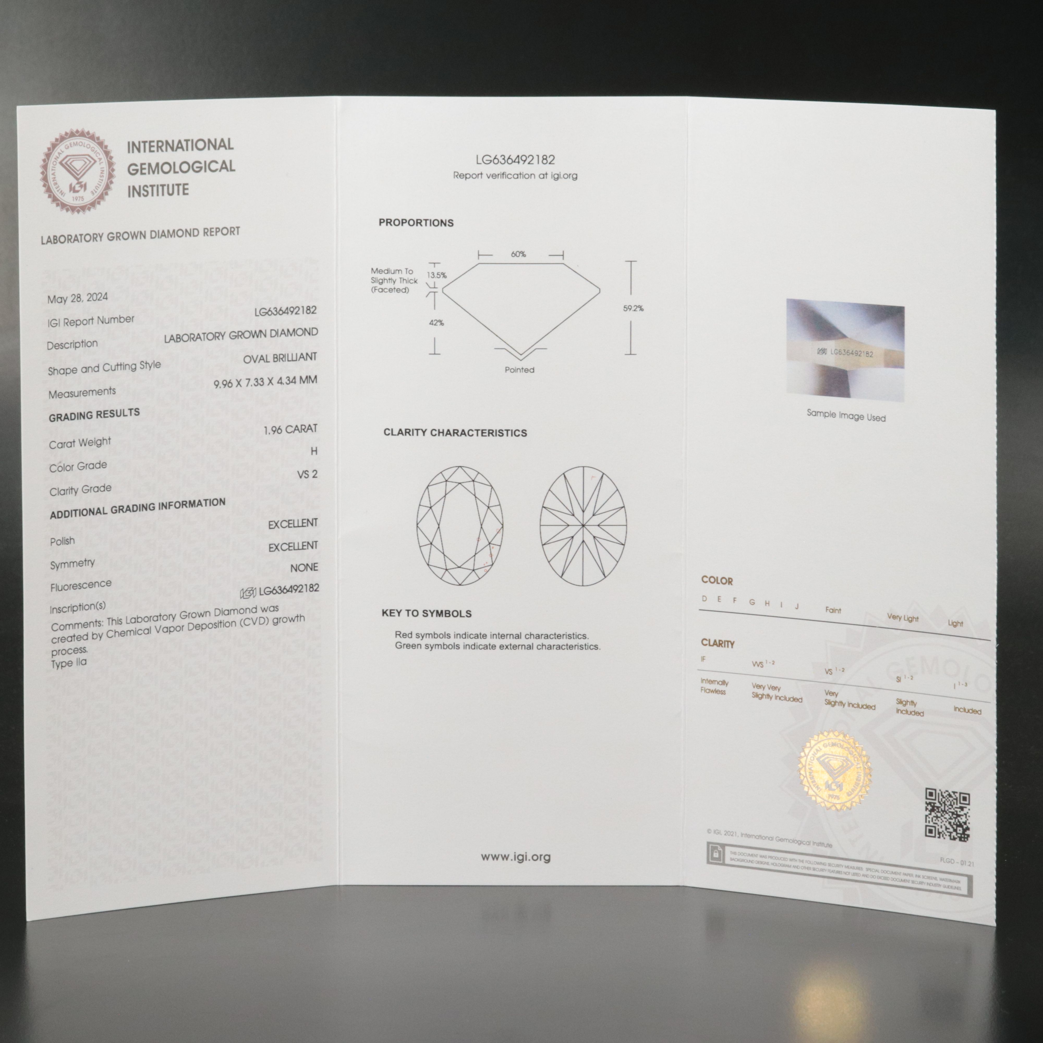 Loose 1.96 CT Lab Grown Diamond with IGI Report