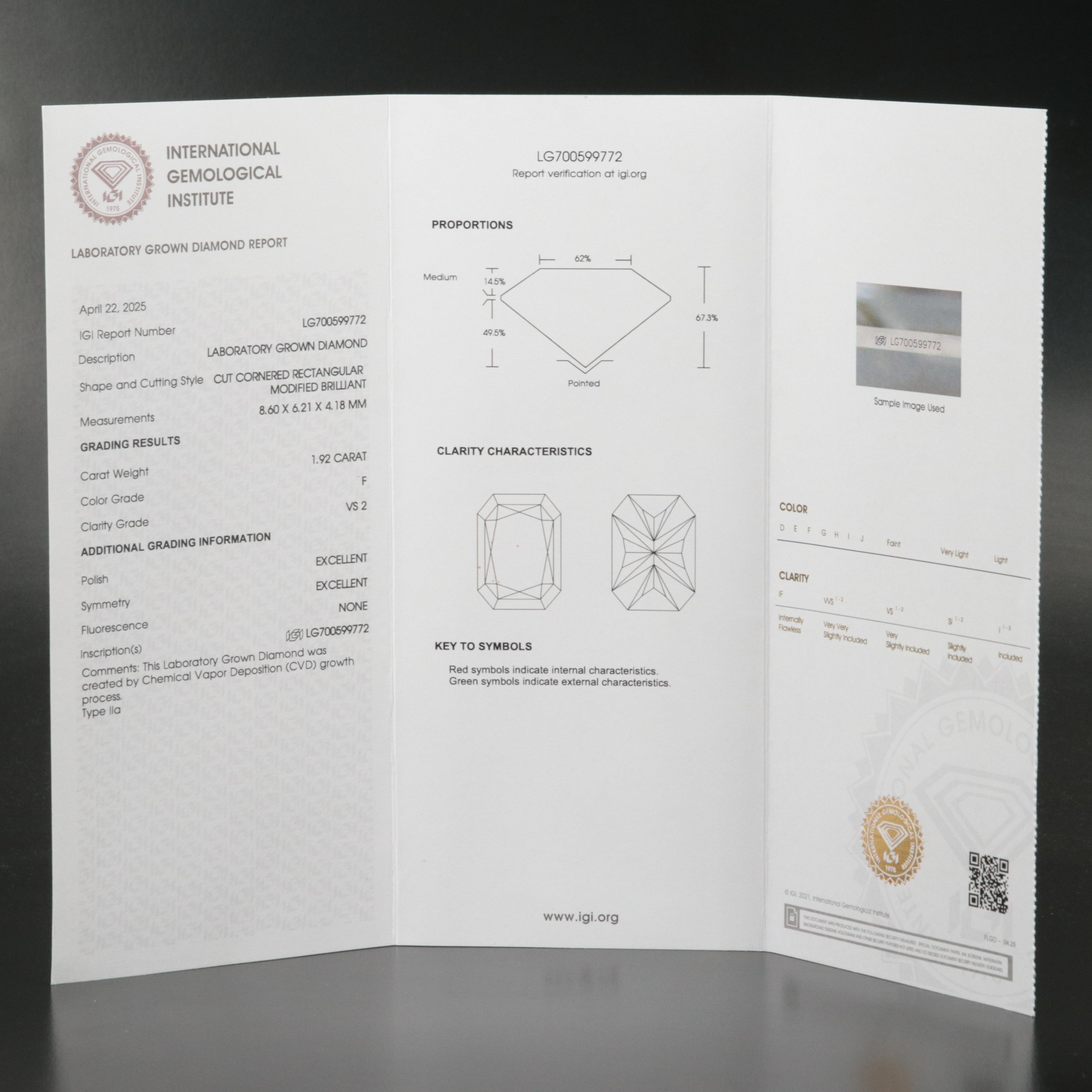 Loose 1.92 CT Lab Grown Diamond with IGI Report
