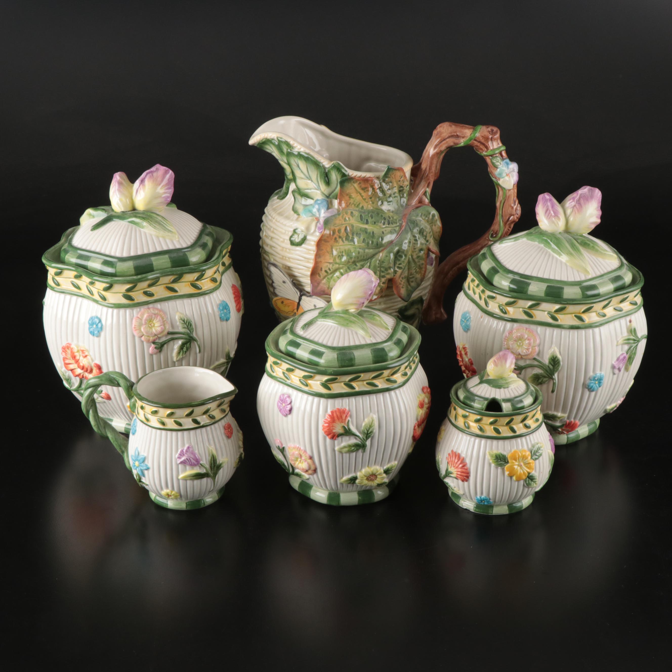 Fitz & Floyd "Fleur de Provence" Lidded Jars with Creamer and Sugar, Pitcher
