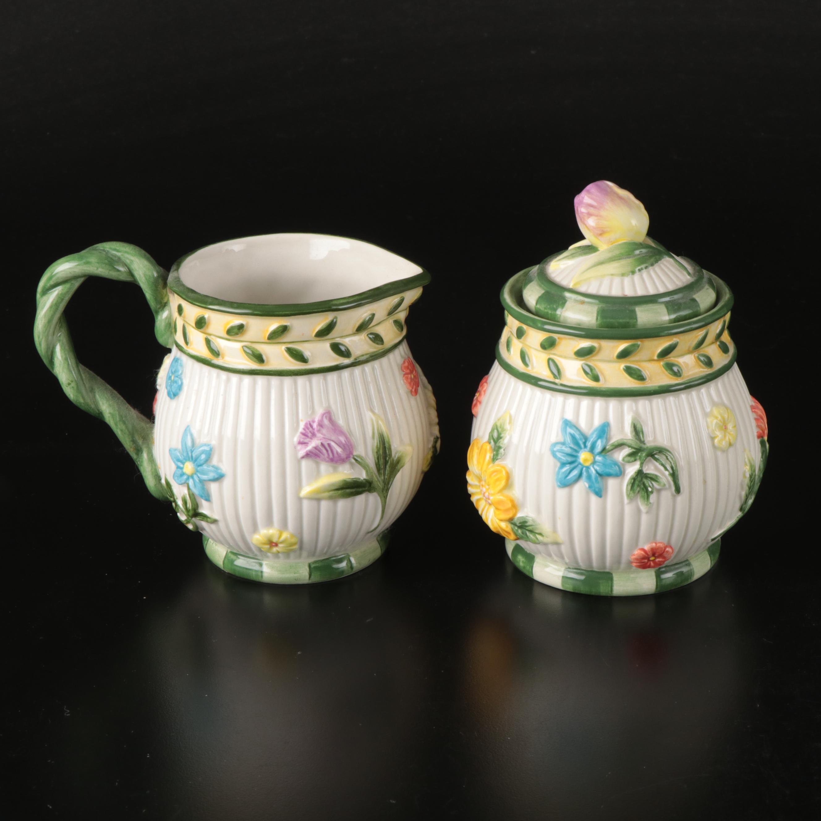 Fitz & Floyd "Fleur de Provence" Lidded Jars with Creamer and Sugar, Pitcher