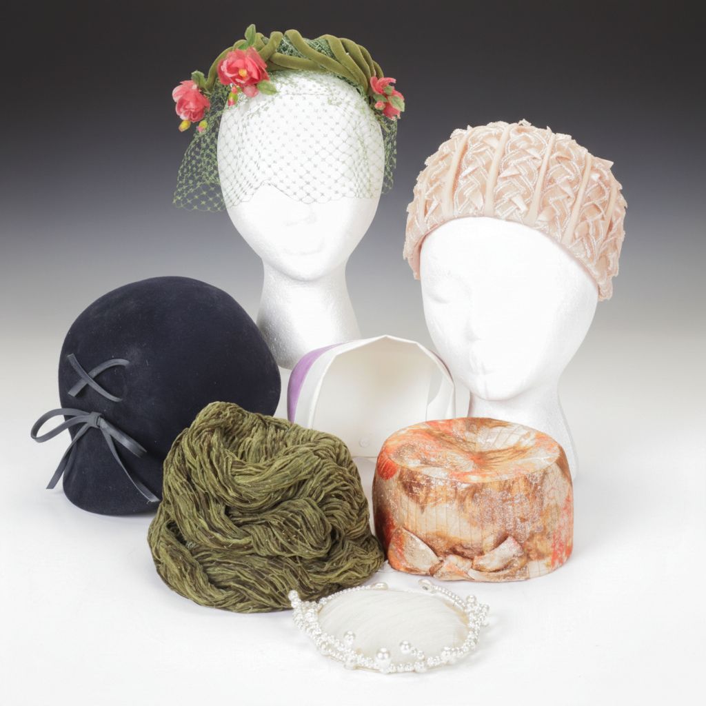 1950s Sally Victor Green Velvet Floral Hat with More Cloche and Pillbox Hats