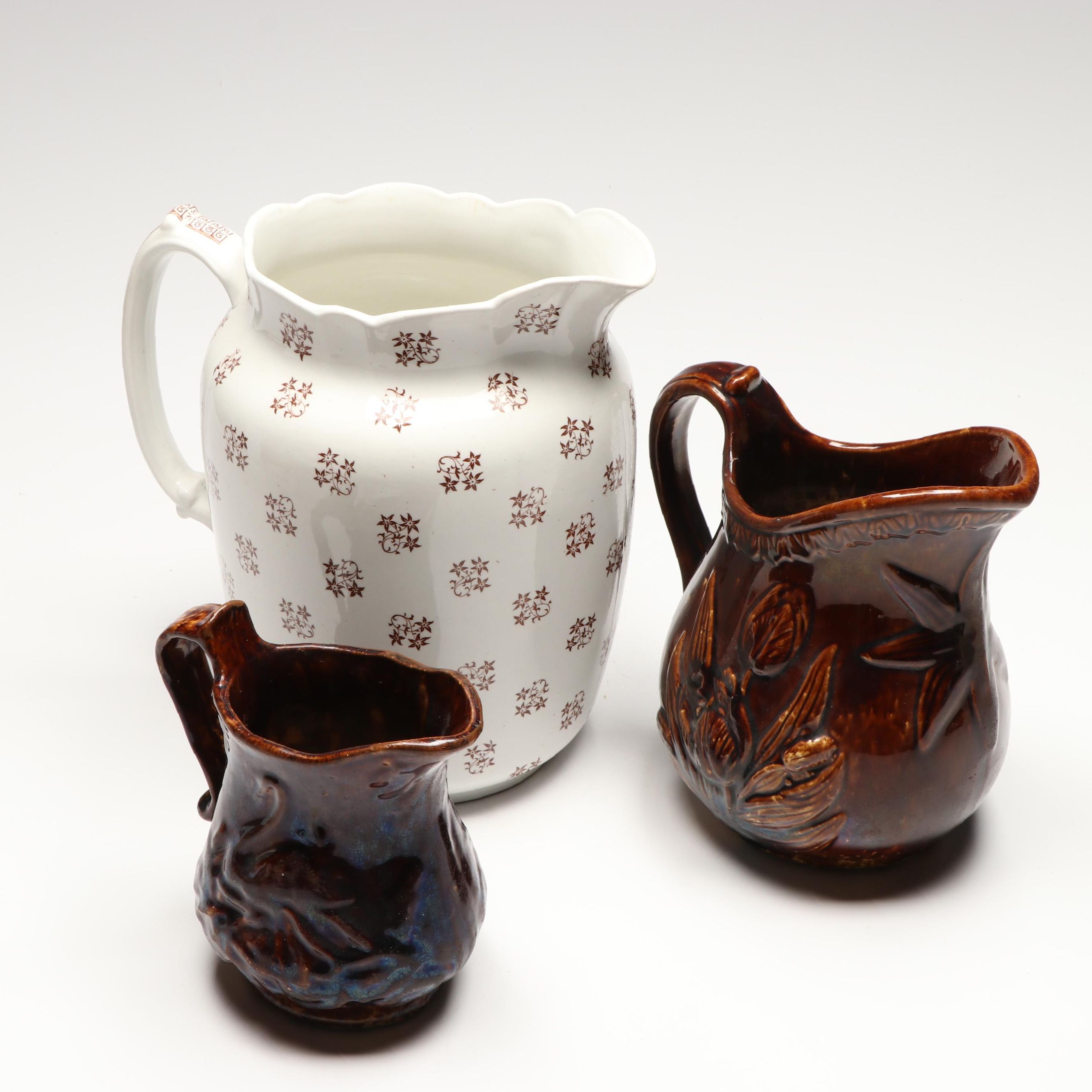 Floral Pitcher with Rockingham Style Brown Glaze Pitcher