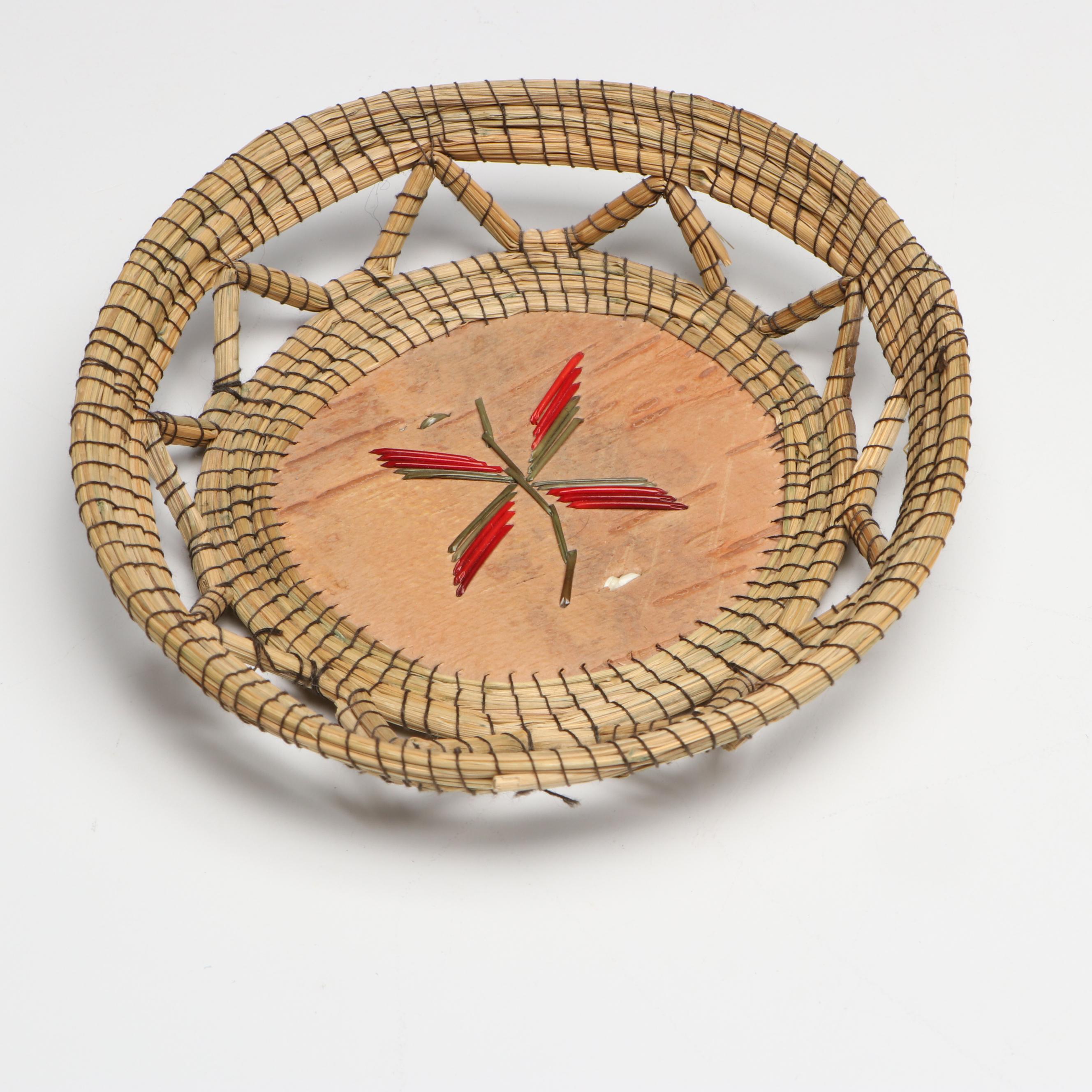 Whetung Quillwork and Other Indigenous Coil Basket with Nesting Baskets
