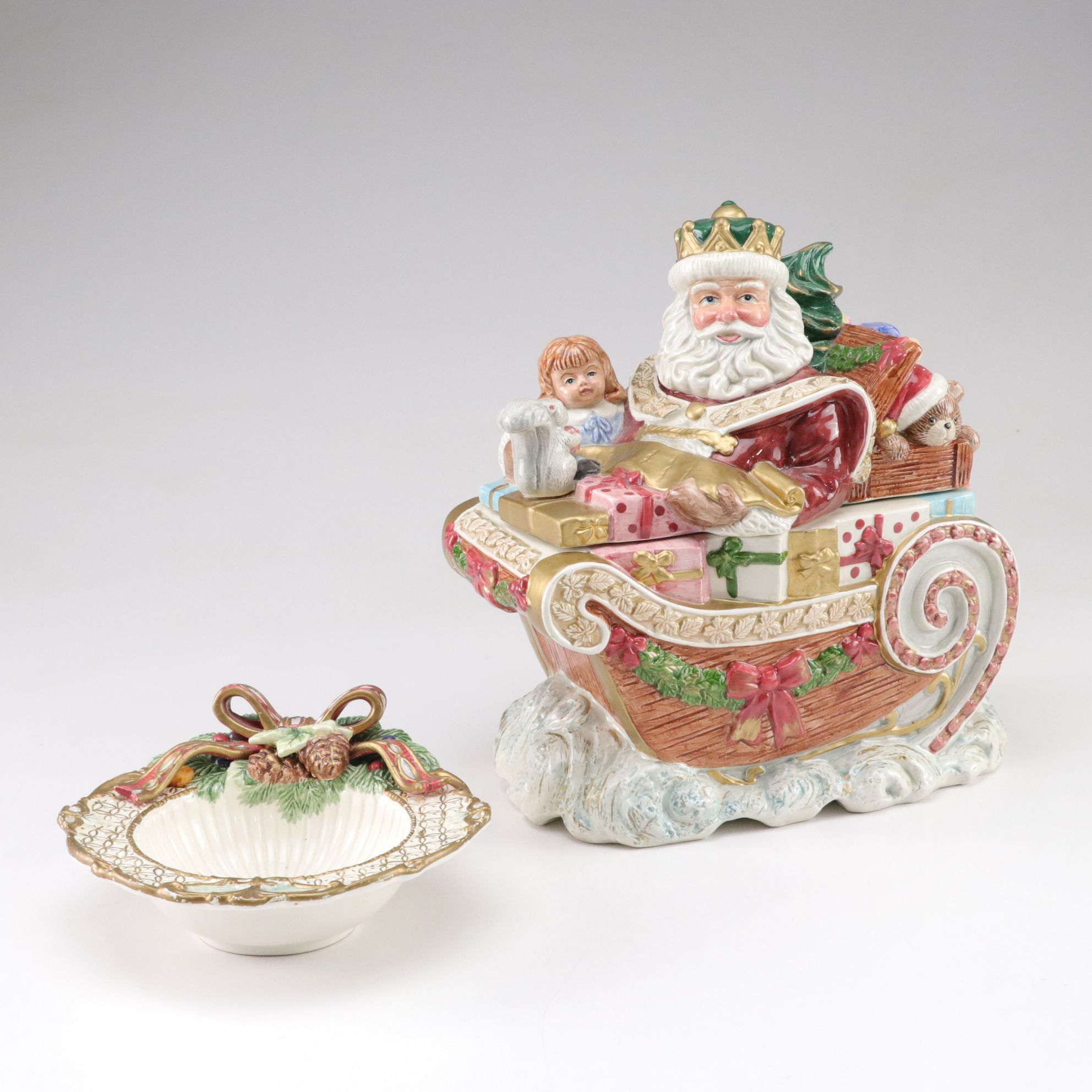 Fitz & Floyd "Santa's Sleigh" Cookie Jar and "Florentine Christmas" Bowl