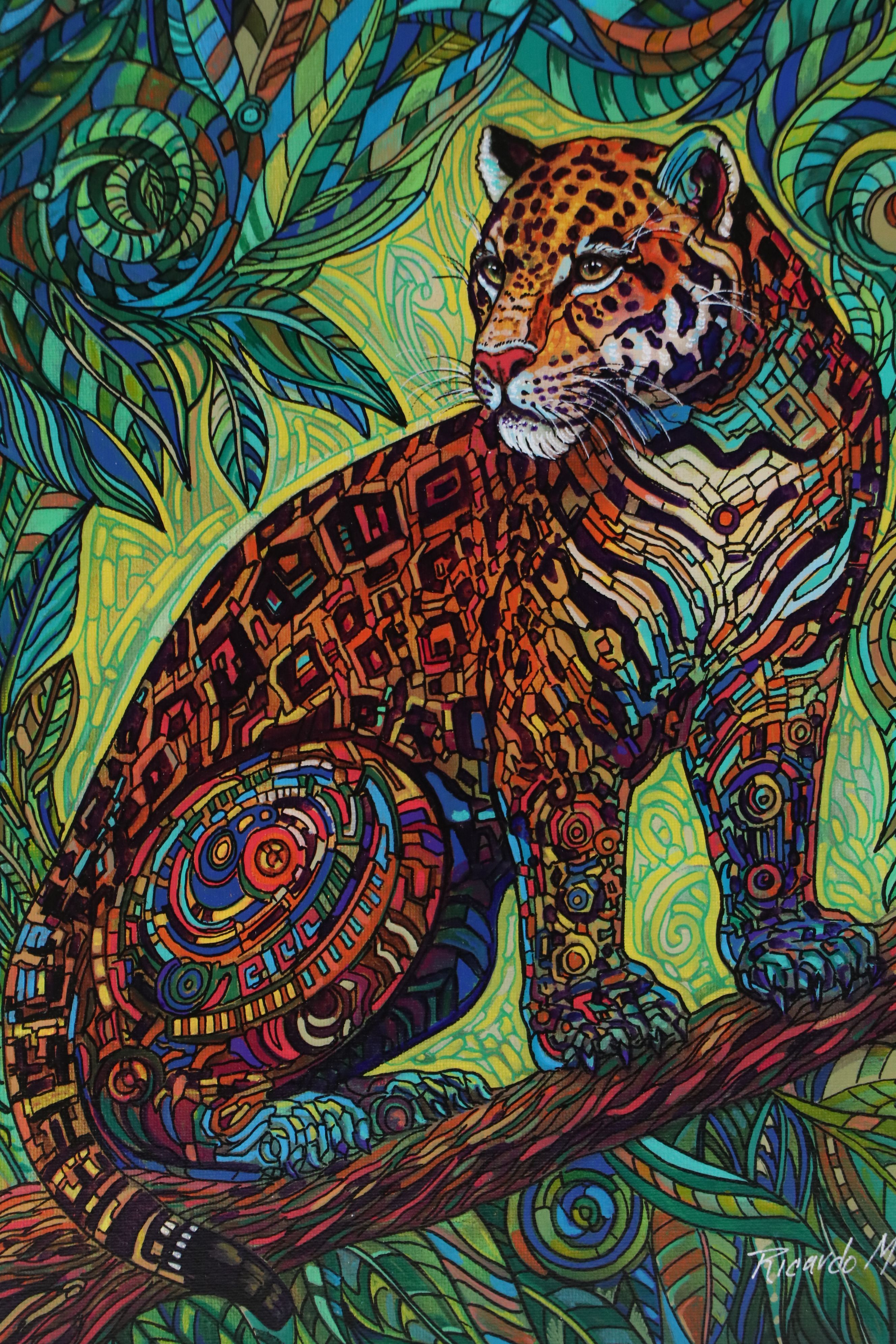Ricardo Maya Stylized Acrylic Painting of Jaguar, 21st Century