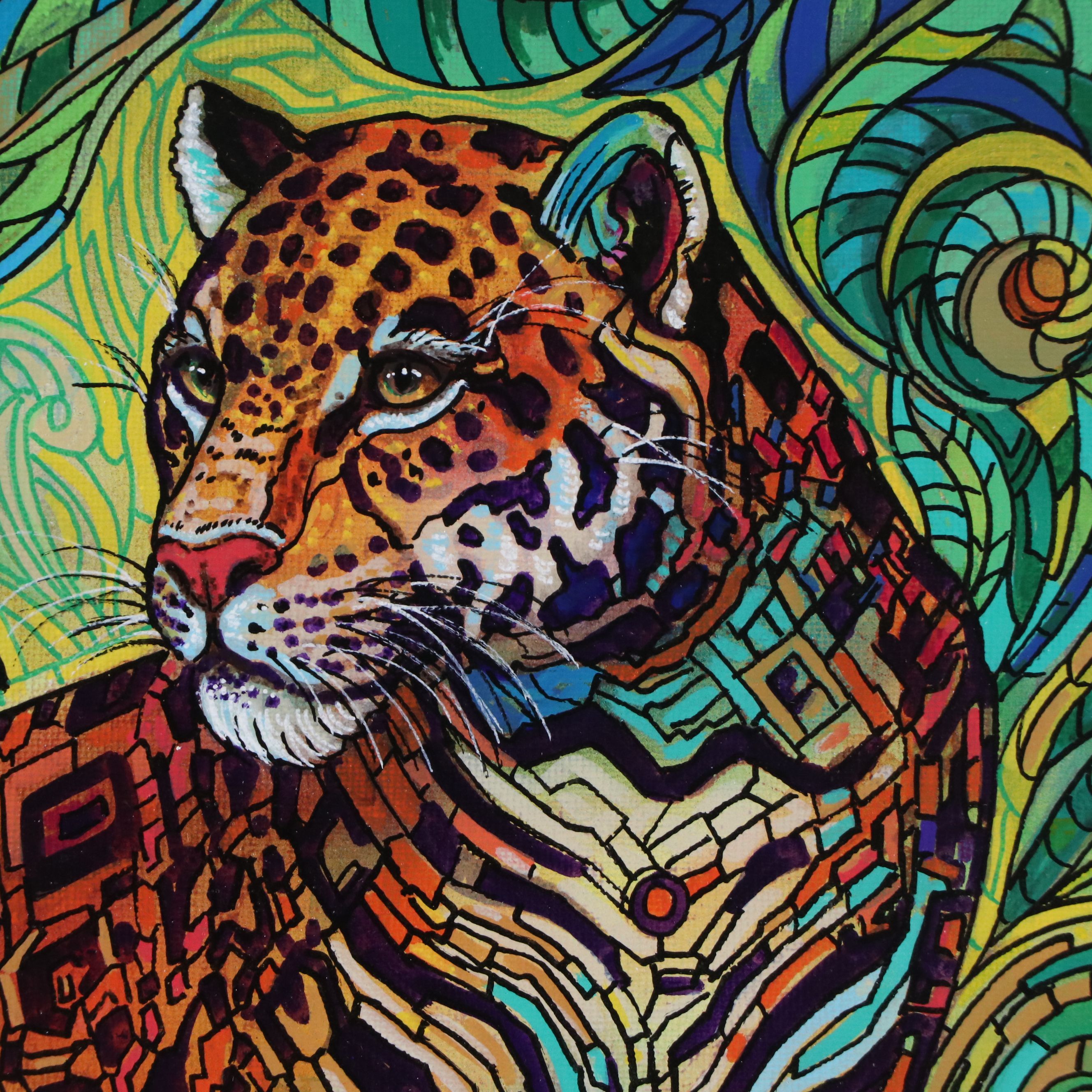 Ricardo Maya Stylized Acrylic Painting of Jaguar, 21st Century