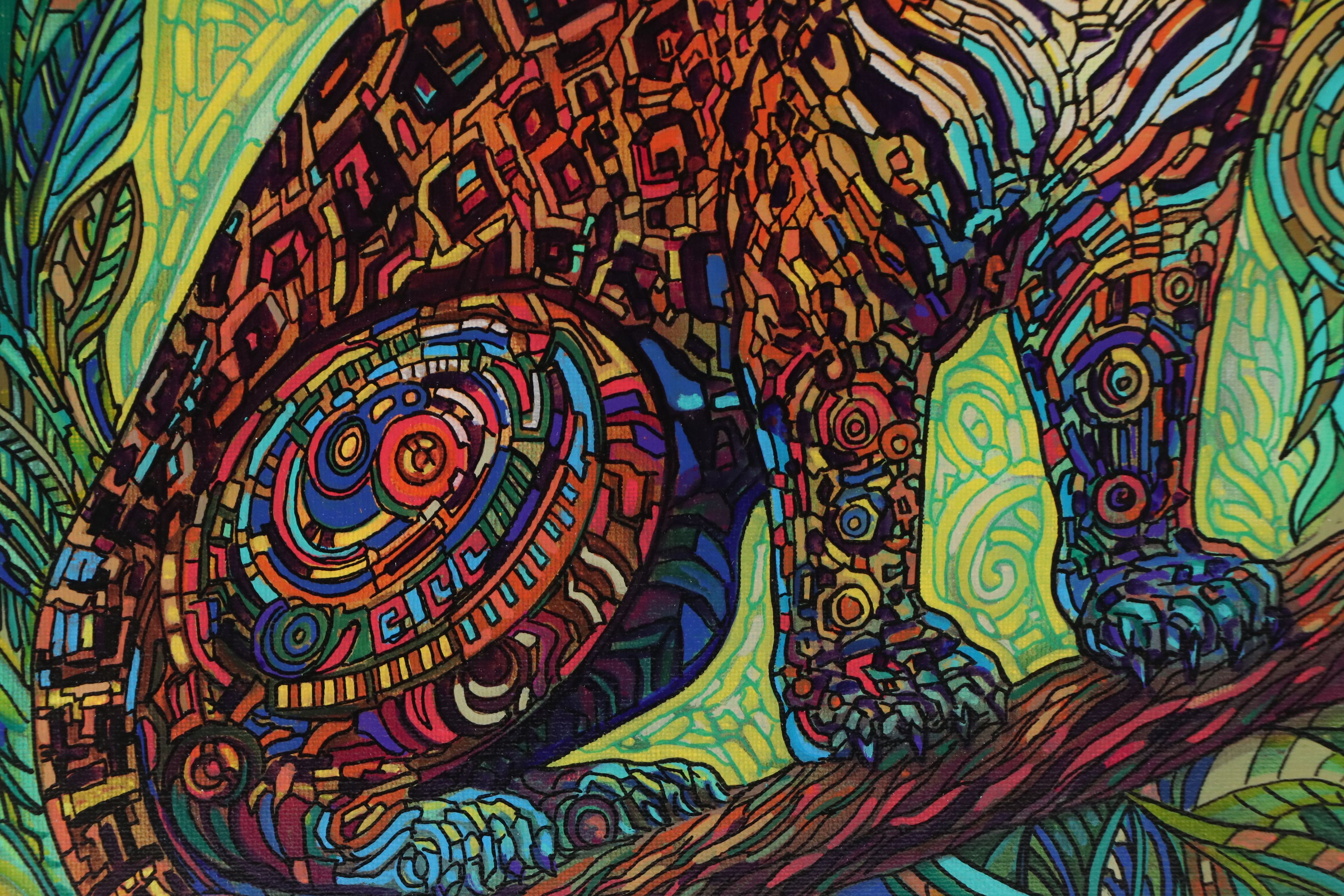 Ricardo Maya Stylized Acrylic Painting of Jaguar, 21st Century