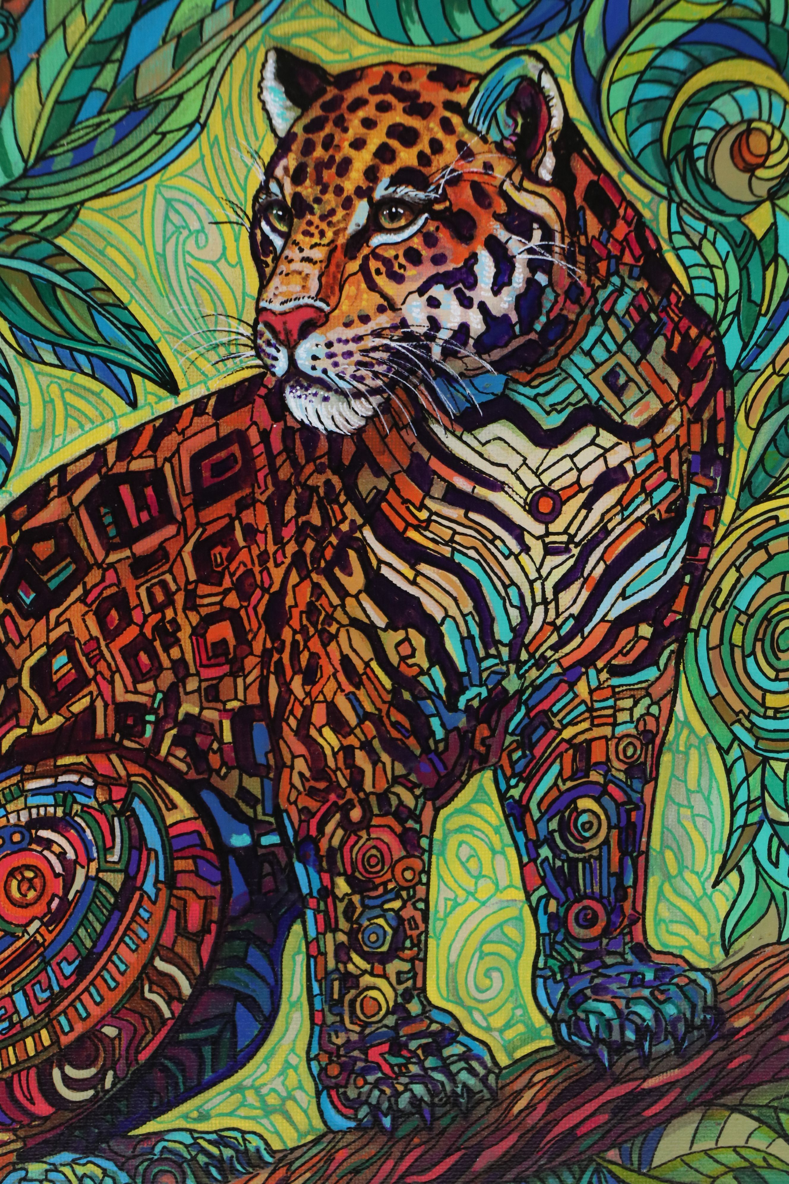 Ricardo Maya Stylized Acrylic Painting of Jaguar, 21st Century
