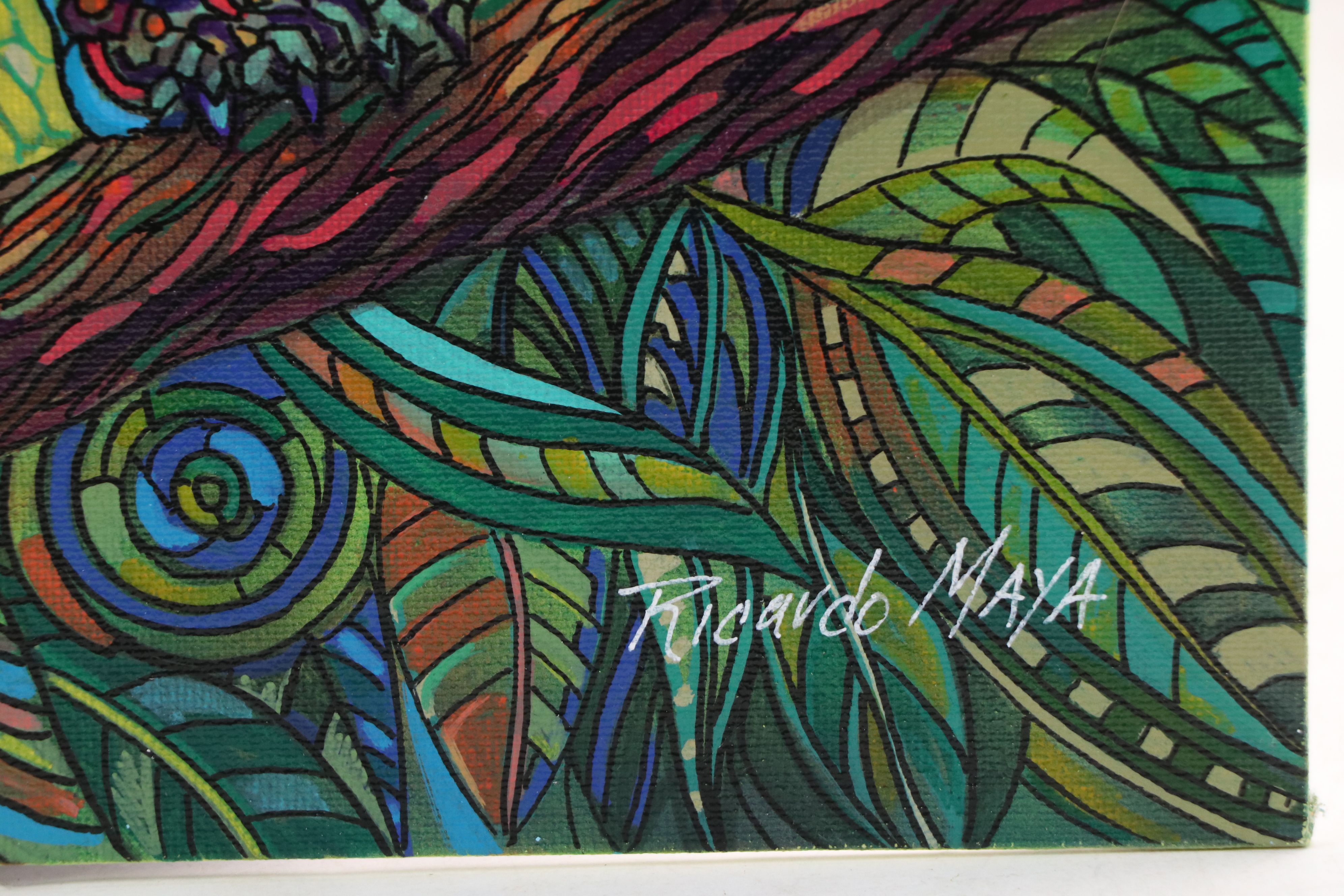 Ricardo Maya Stylized Acrylic Painting of Jaguar, 21st Century