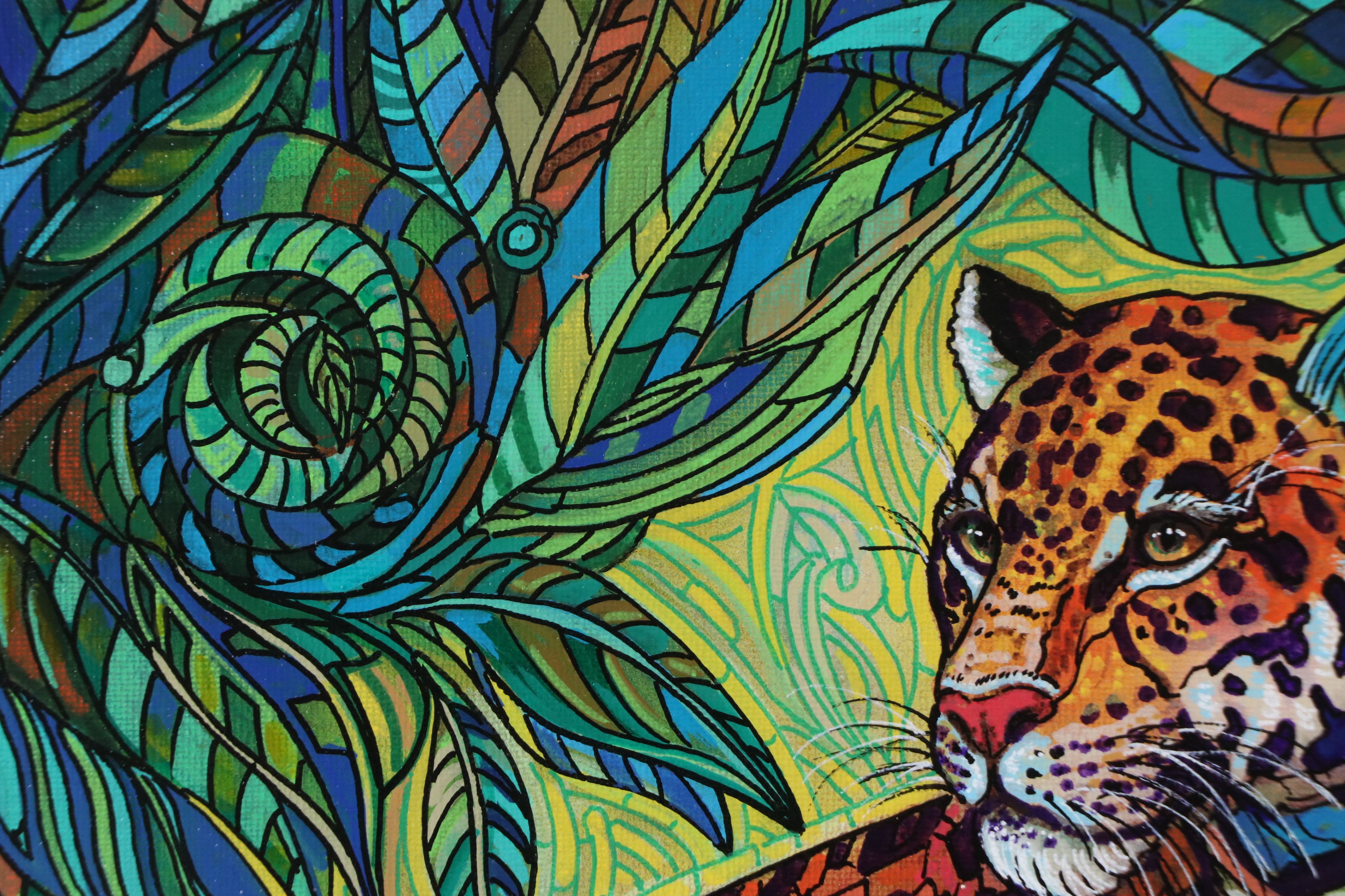 Ricardo Maya Stylized Acrylic Painting of Jaguar, 21st Century