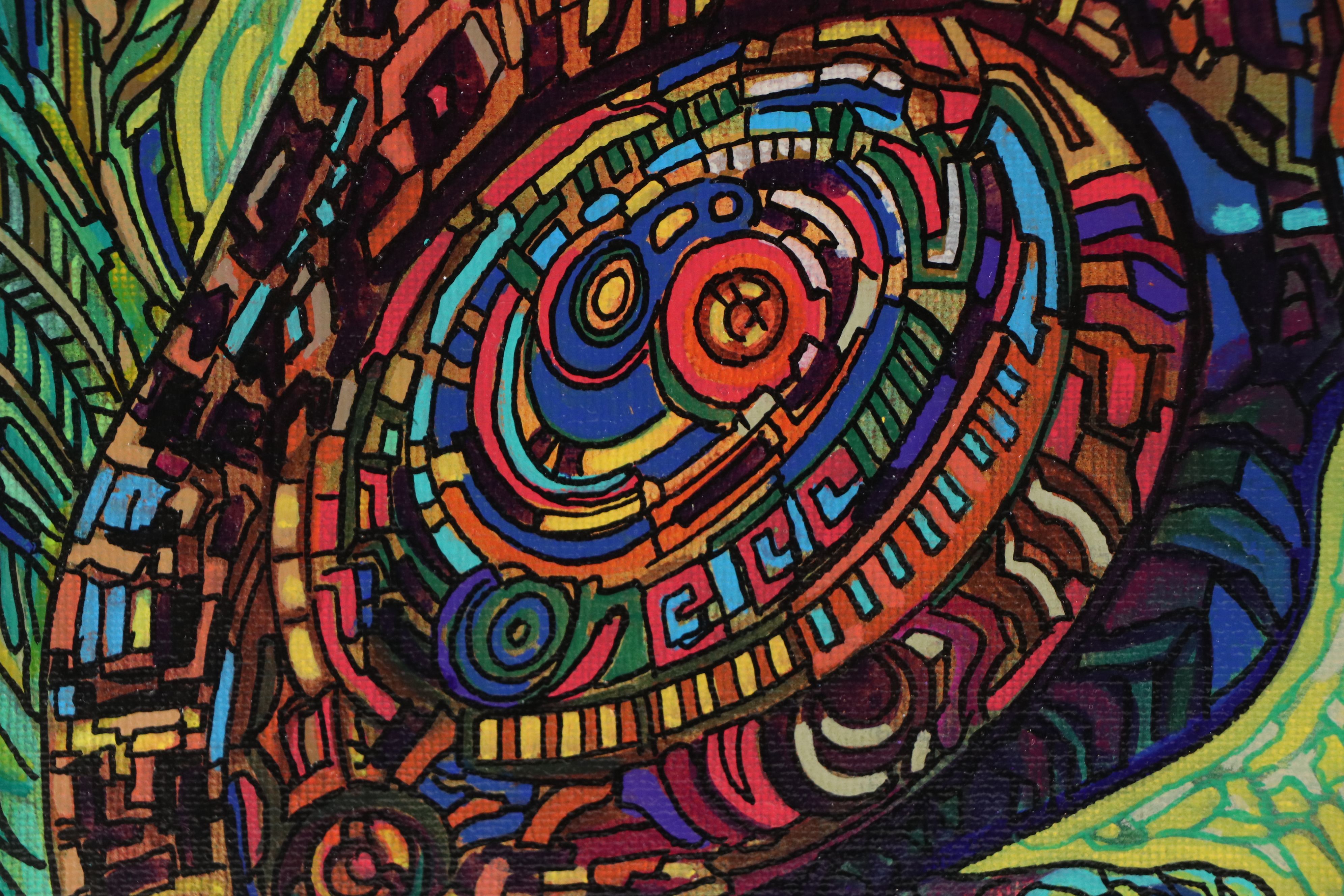 Ricardo Maya Stylized Acrylic Painting of Jaguar, 21st Century