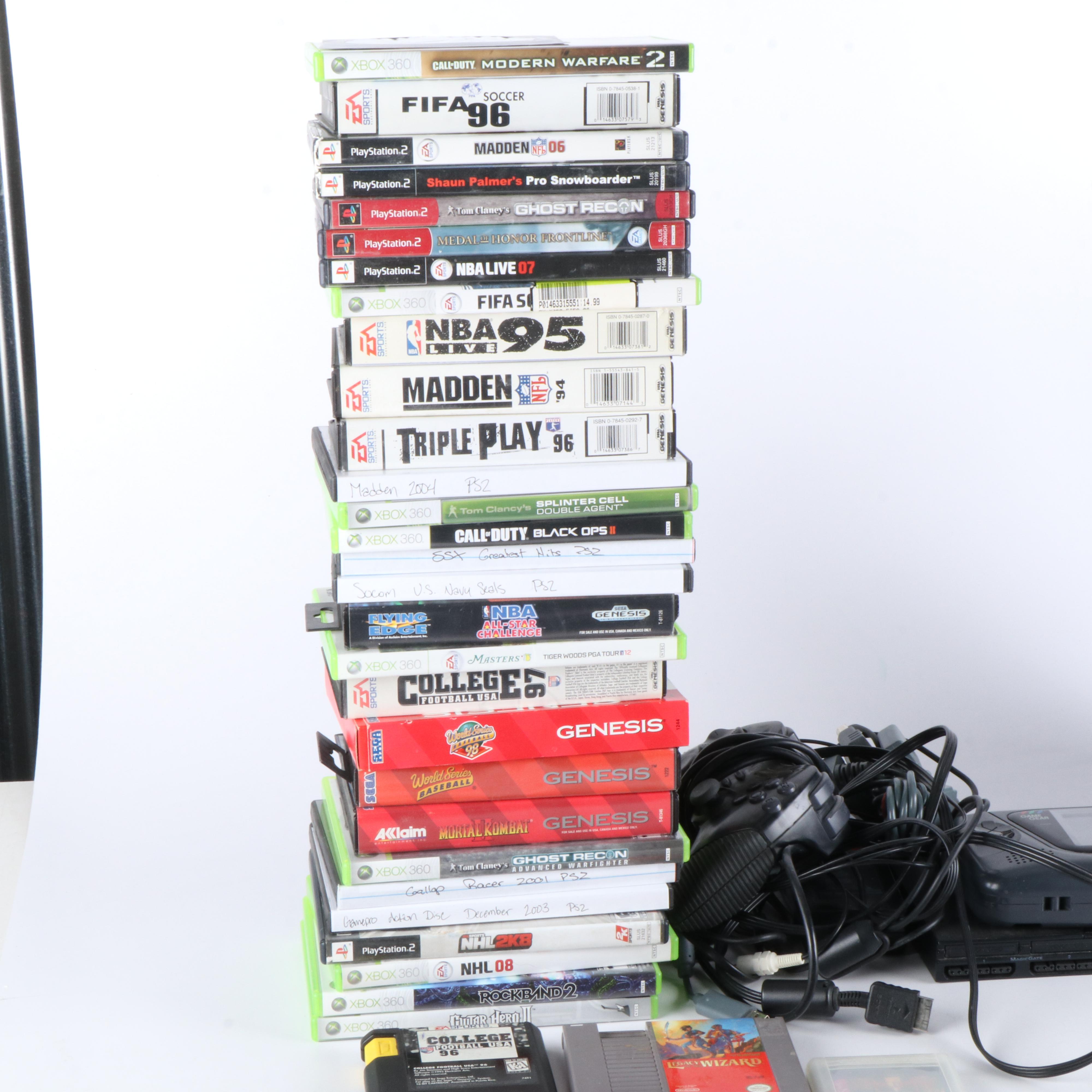 Xbox 360, PlayStation 2, and Game Gear Systems with Video Games and More