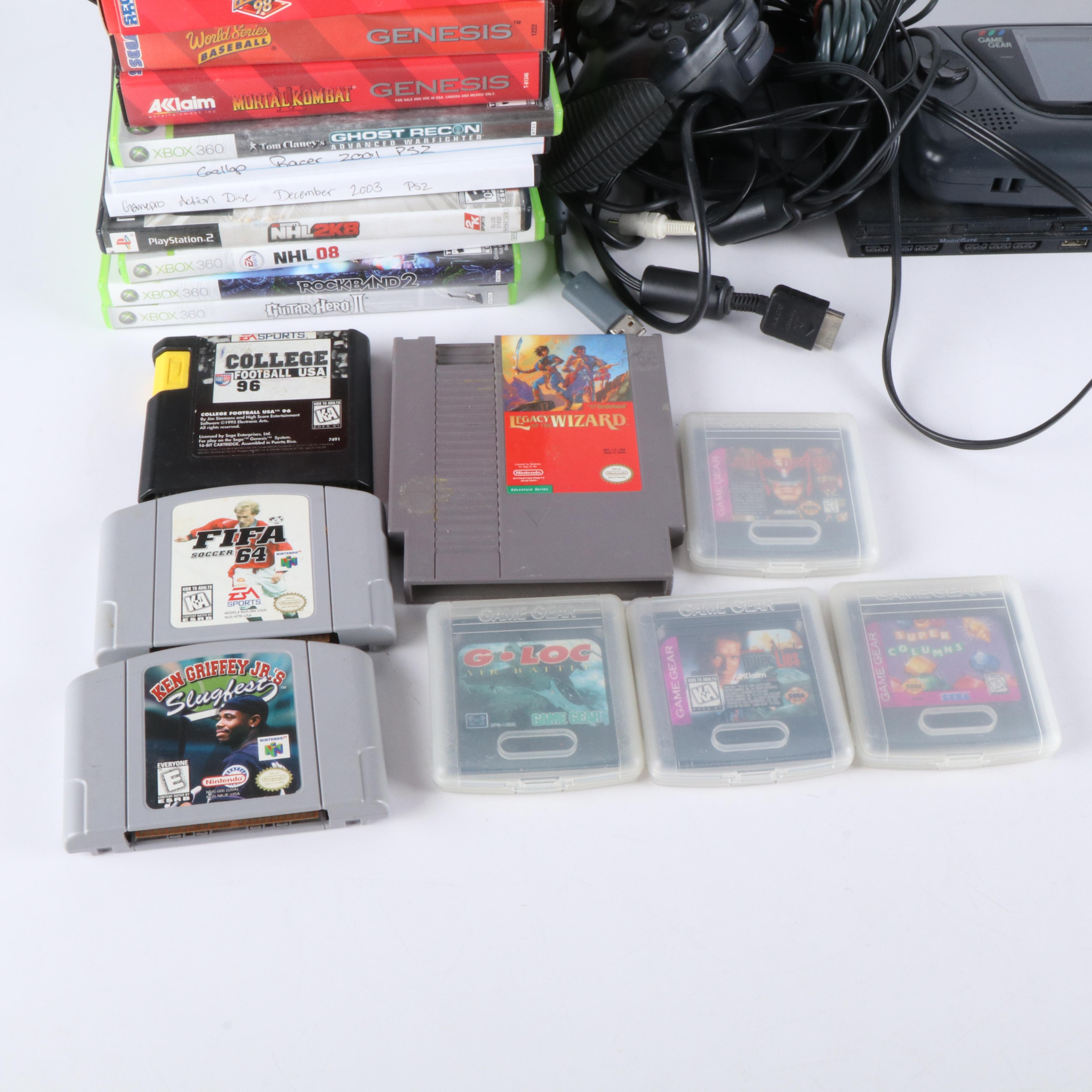 Xbox 360, PlayStation 2, and Game Gear Systems with Video Games and More