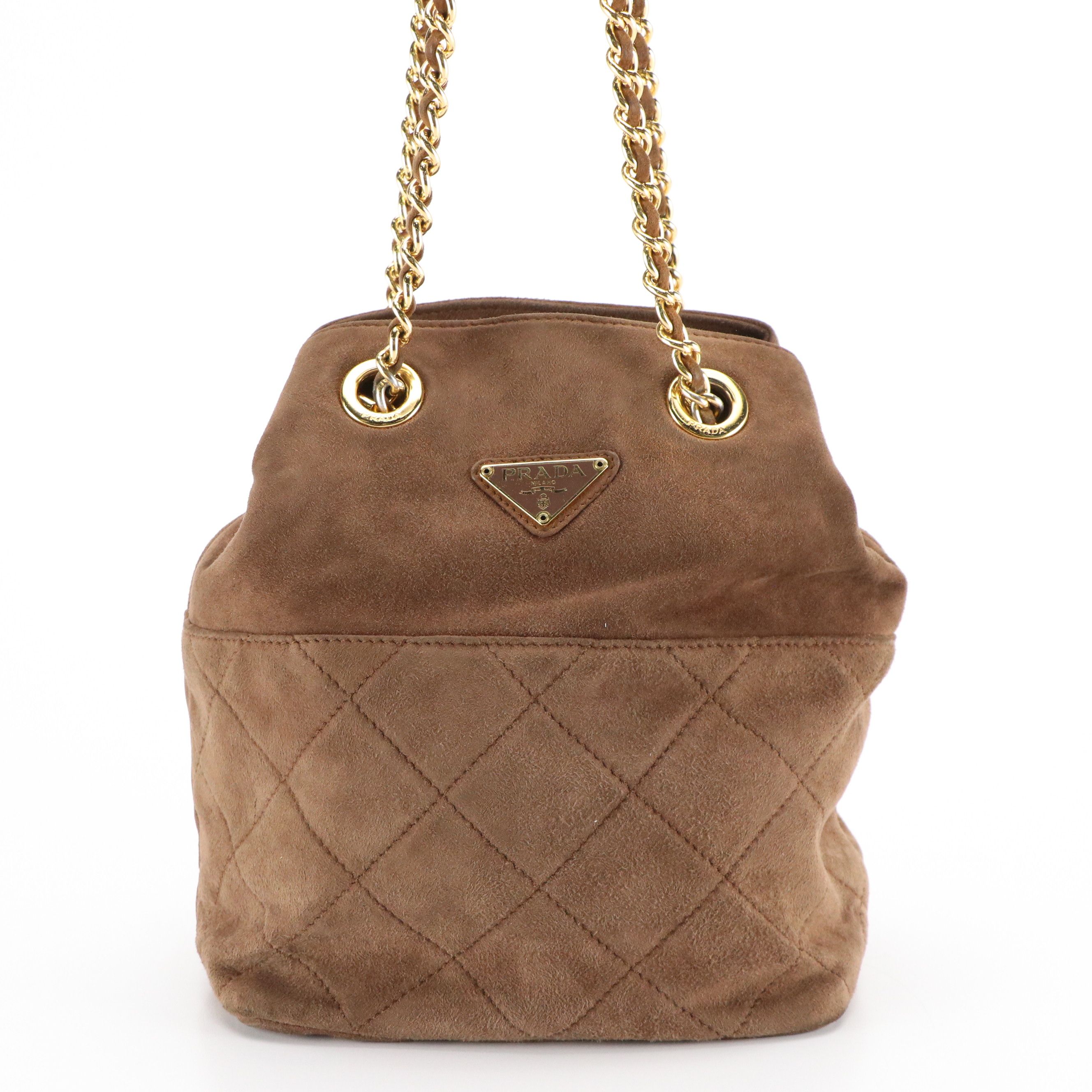 Prada Chain Link Crossbody Bag in Brown Quilted and Smooth Suede