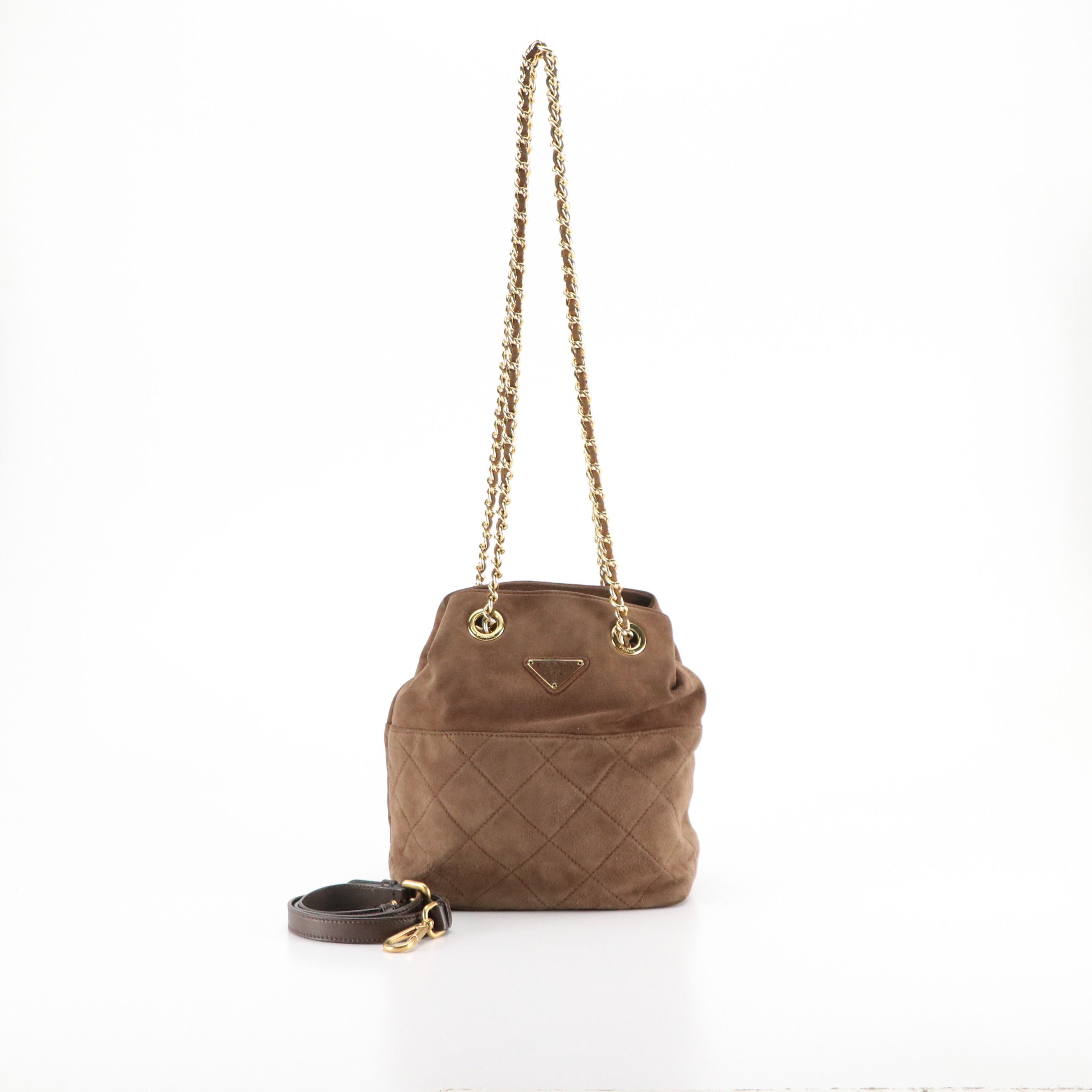 Prada Chain Link Crossbody Bag in Brown Quilted and Smooth Suede
