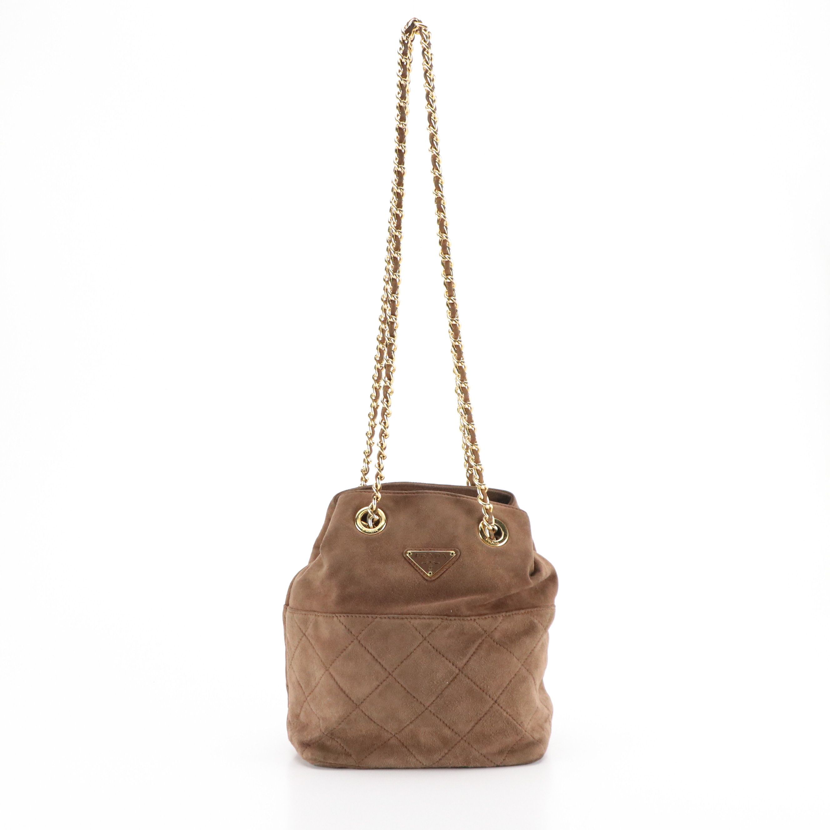 Prada Chain Link Crossbody Bag in Brown Quilted and Smooth Suede