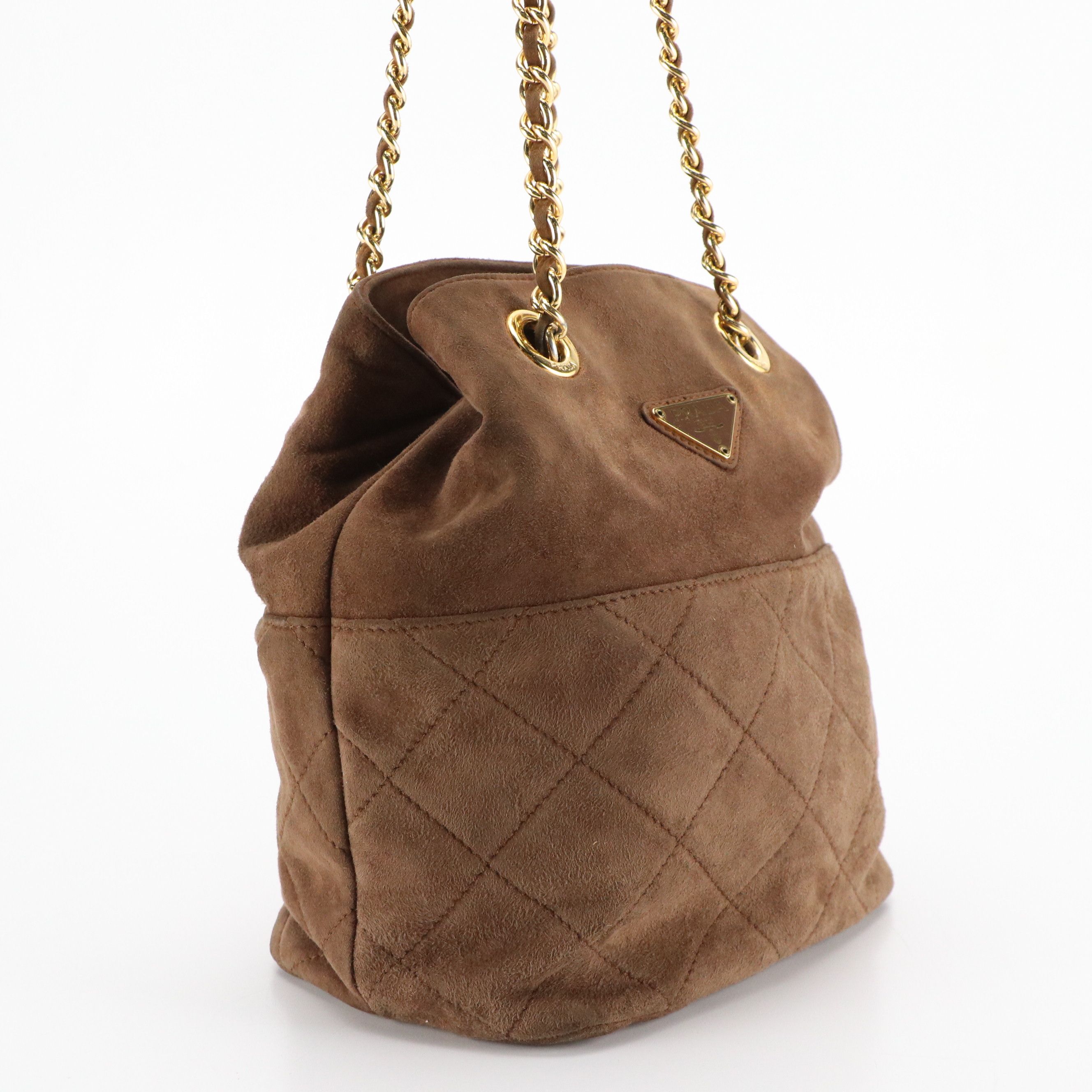 Prada Chain Link Crossbody Bag in Brown Quilted and Smooth Suede