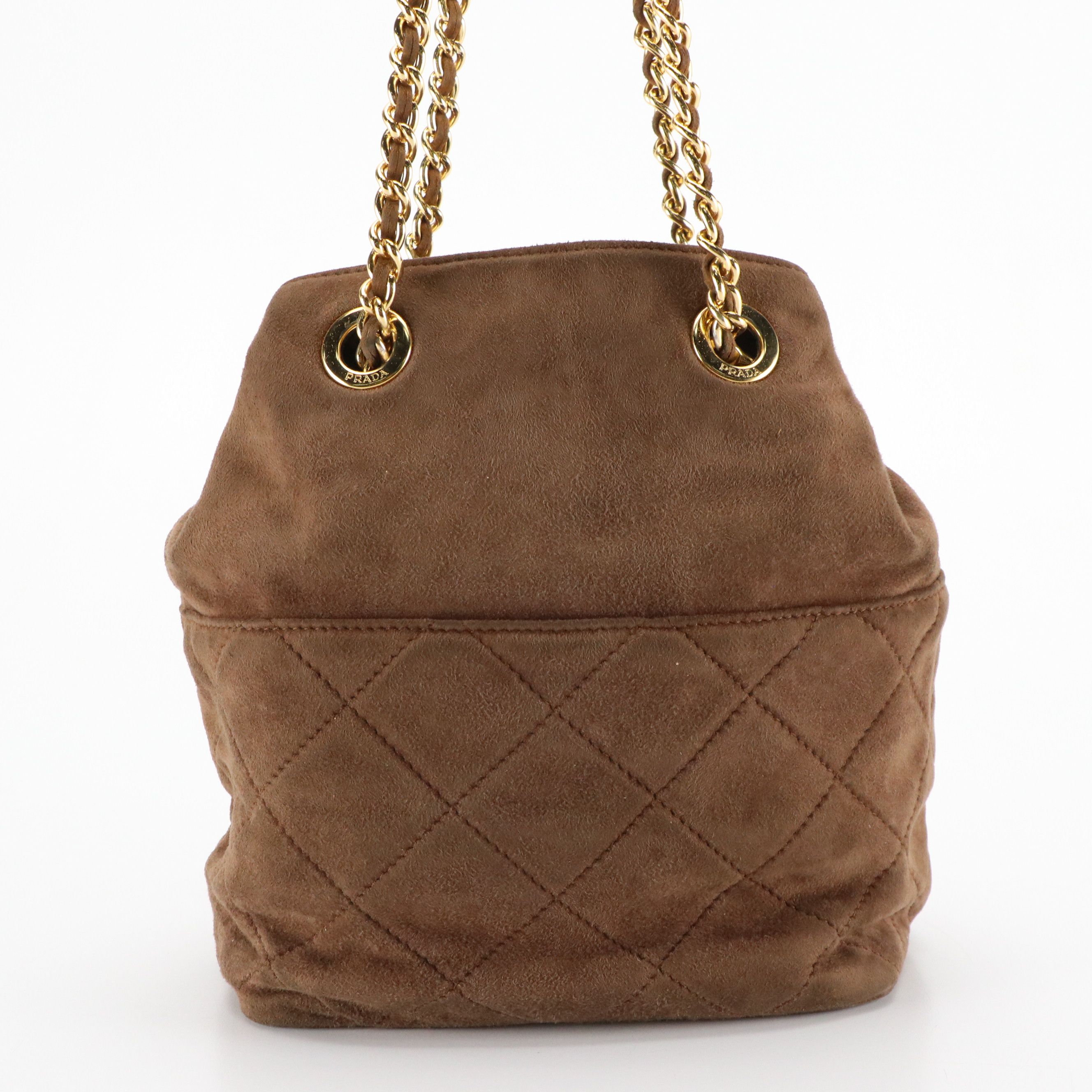 Prada Chain Link Crossbody Bag in Brown Quilted and Smooth Suede