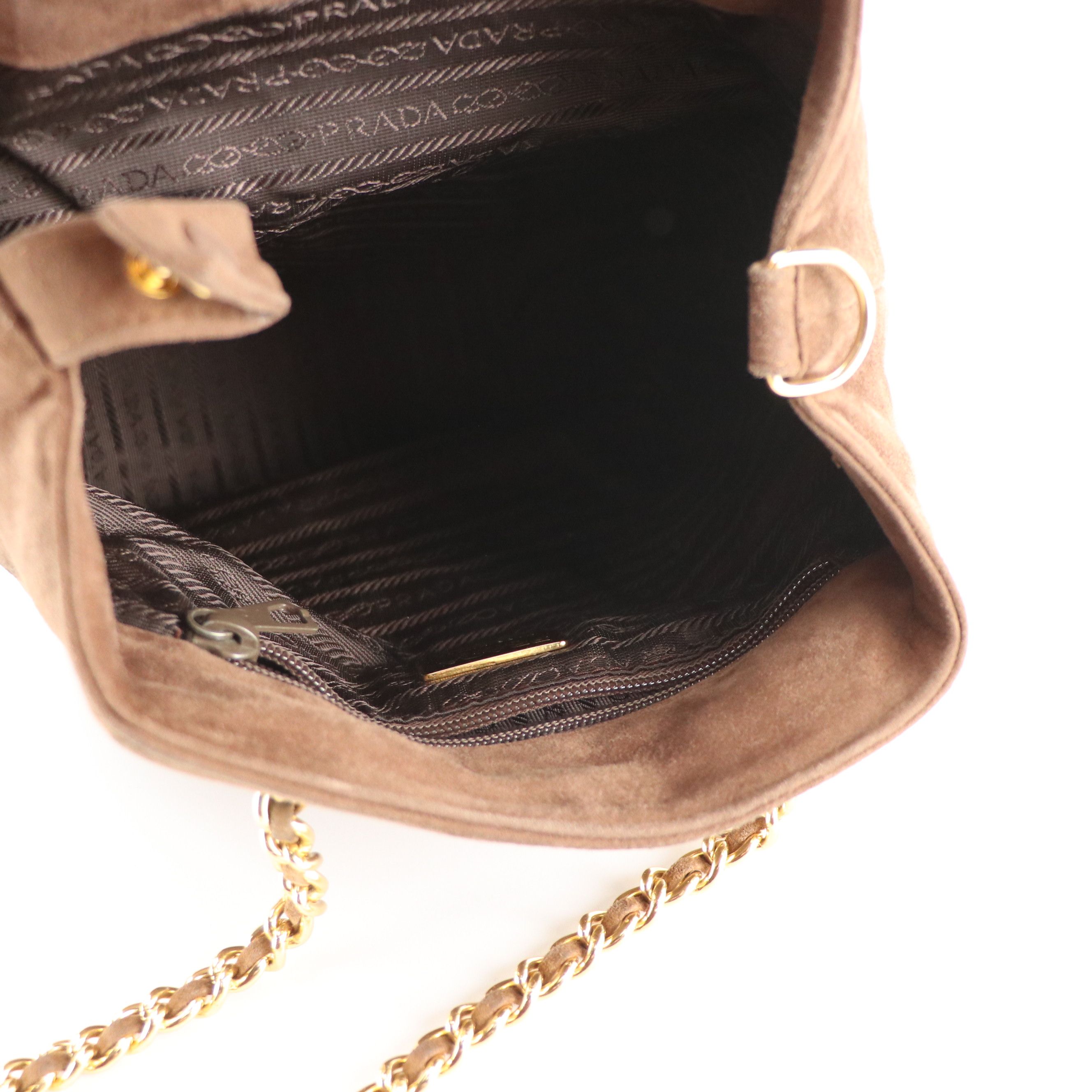 Prada Chain Link Crossbody Bag in Brown Quilted and Smooth Suede