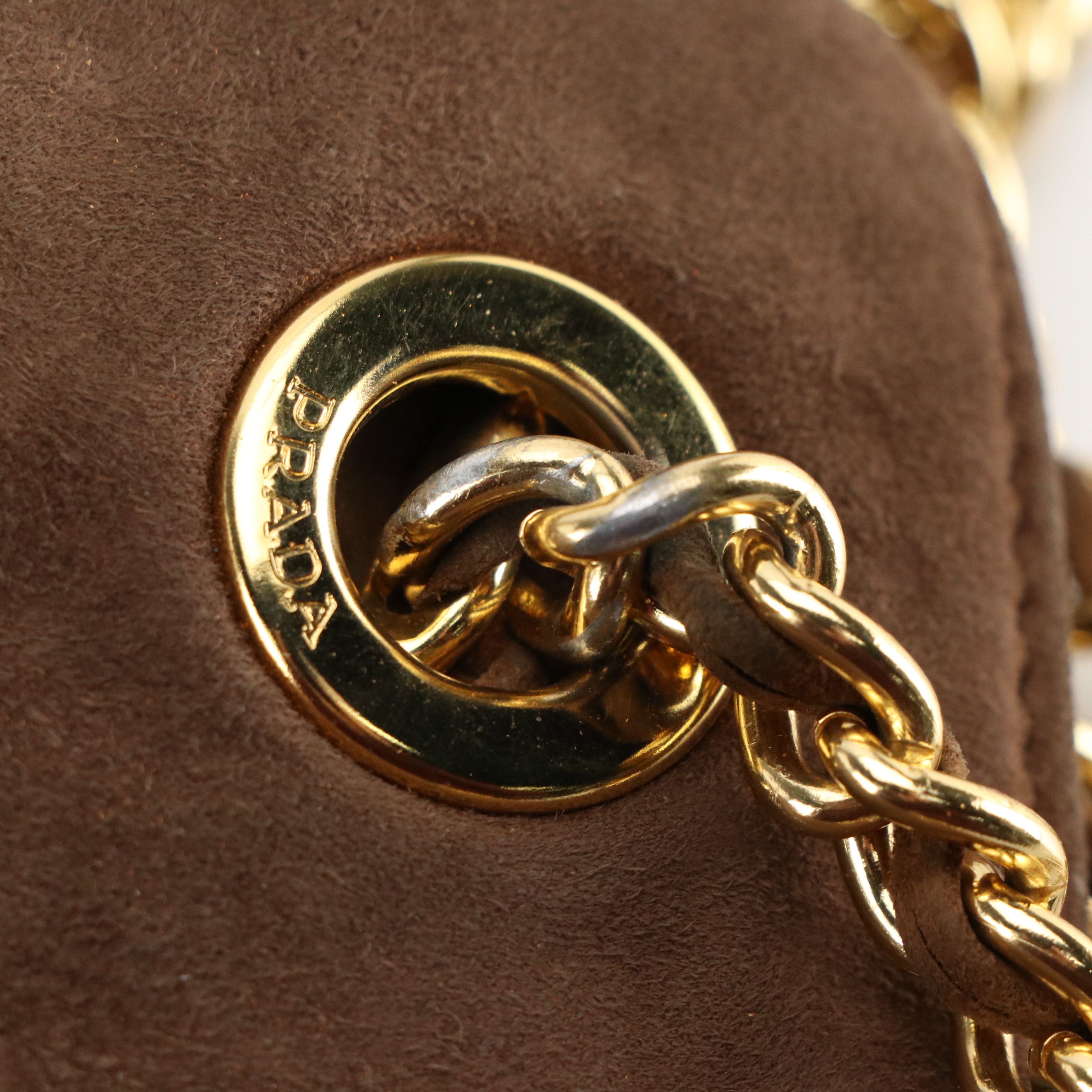 Prada Chain Link Crossbody Bag in Brown Quilted and Smooth Suede