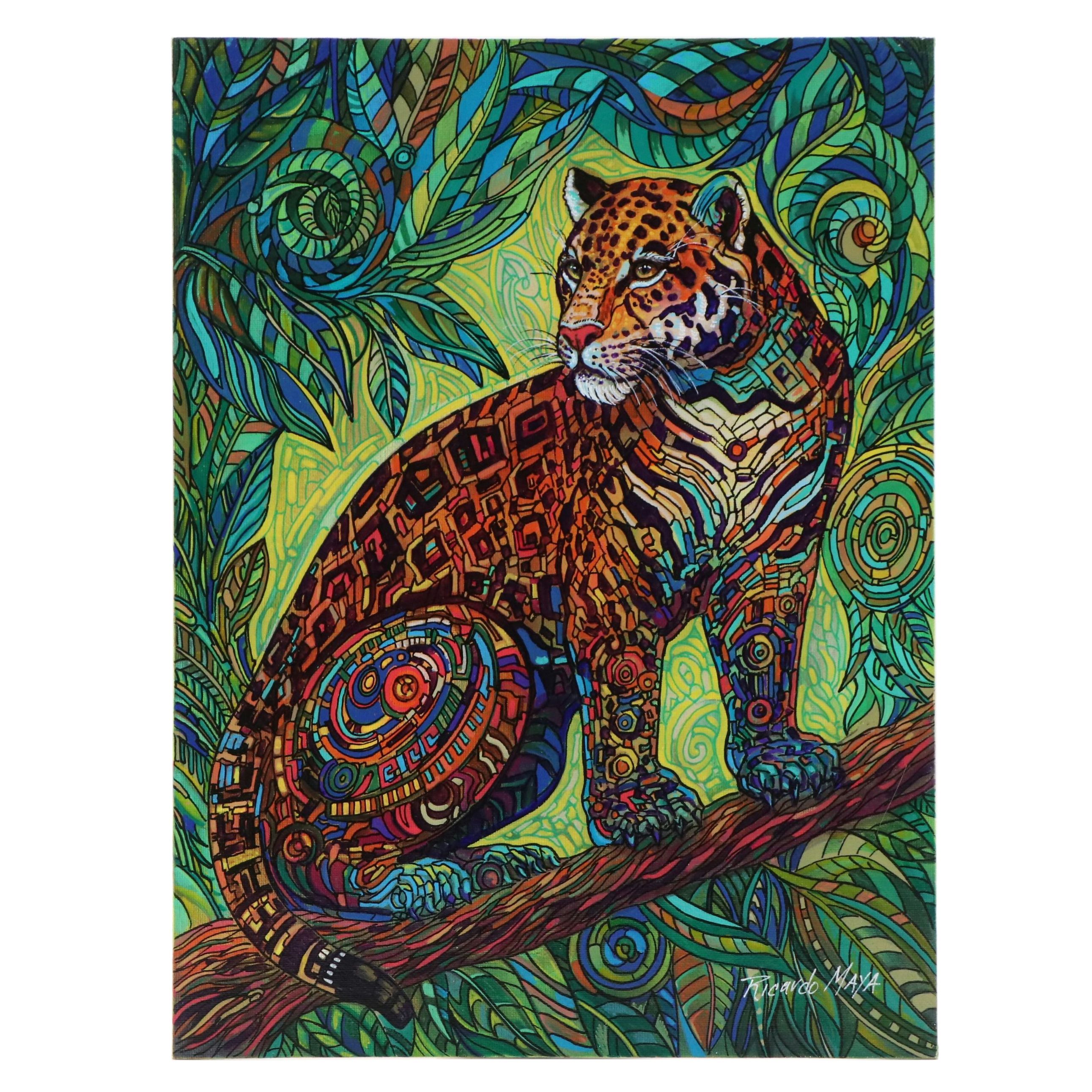Ricardo Maya Stylized Acrylic Painting of Jaguar, 21st Century