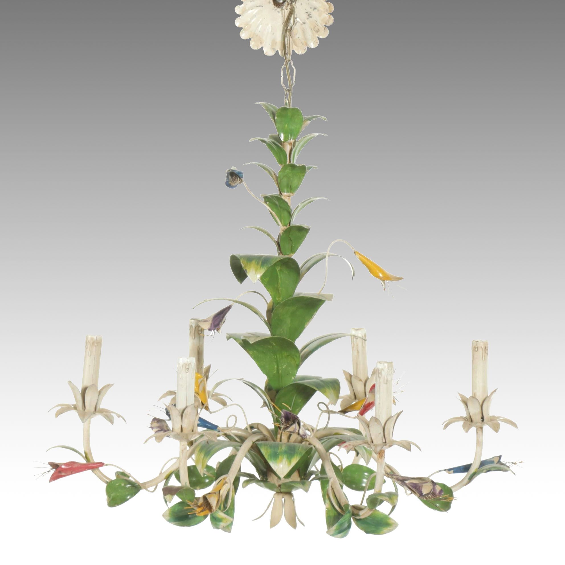 Italian Tole Floral Hand-Painted Metal Chandelier,  Mid-20th Century