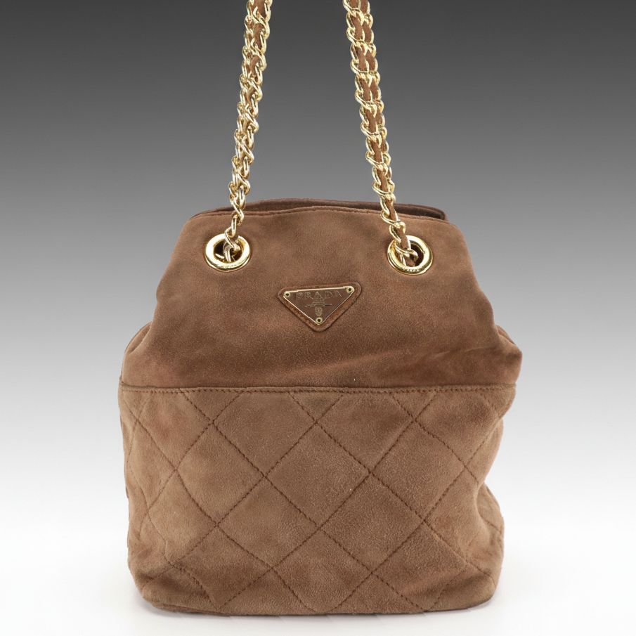 Prada Chain Link Crossbody Bag in Brown Quilted and Smooth Suede