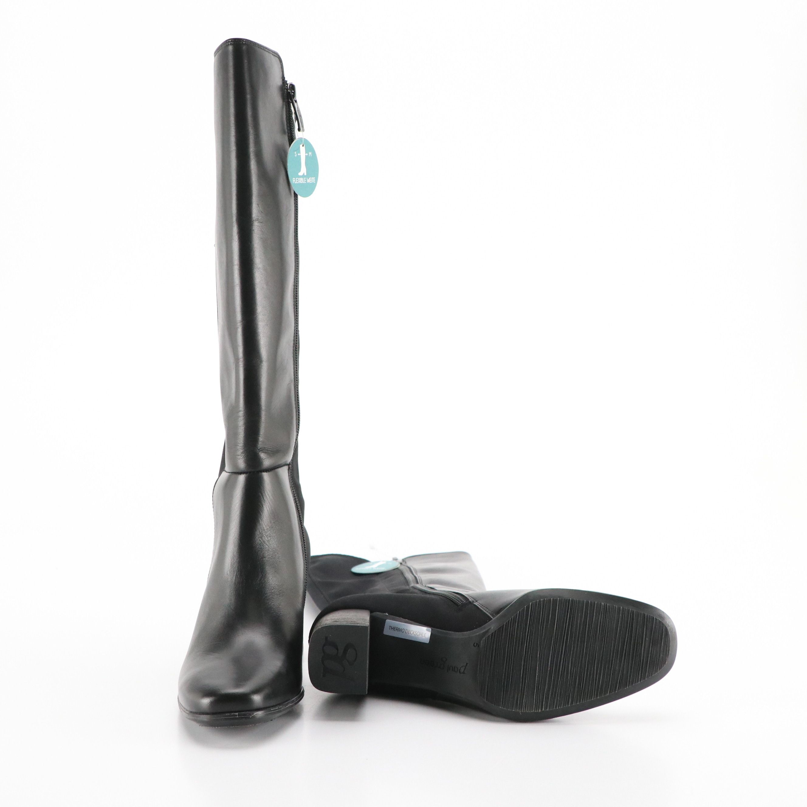 Paul Green Belmont Block Heel Knee-High Boots in Black Leather with Box