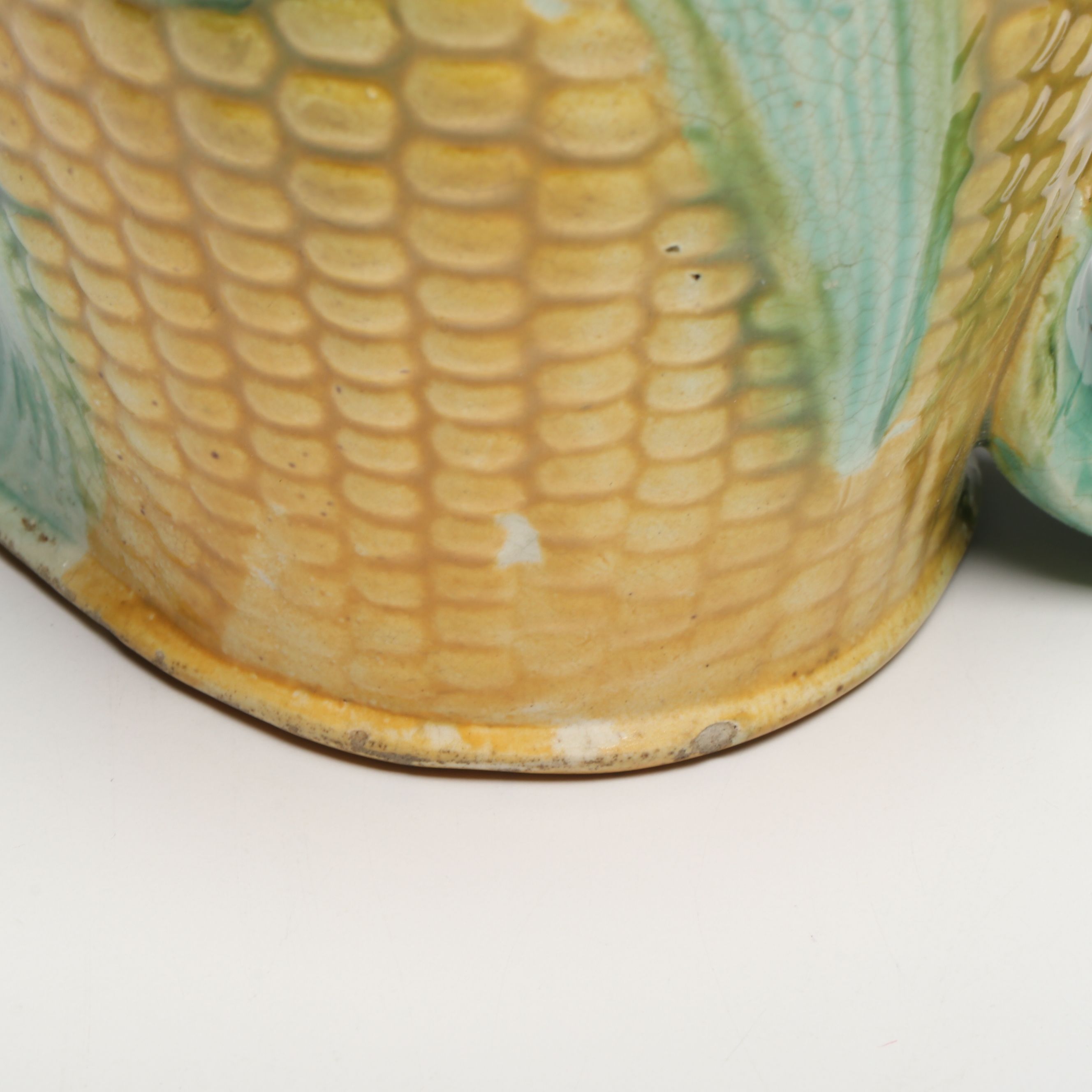 Majolica Style Corn Pitcher, Saucer and Other Table Accessories, Early 20th C.