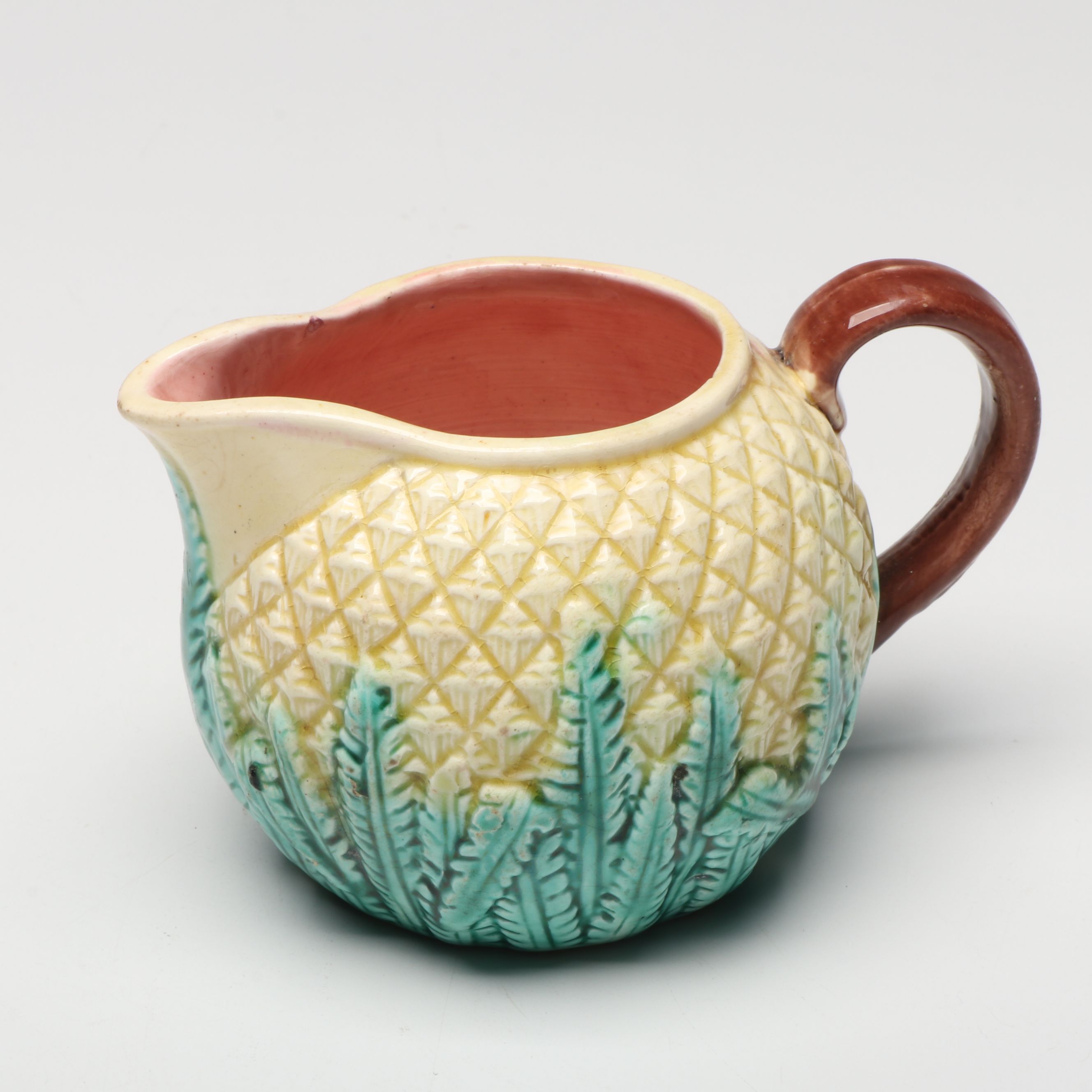 Majolica Style Corn Pitcher, Saucer and Other Table Accessories, Early 20th C.