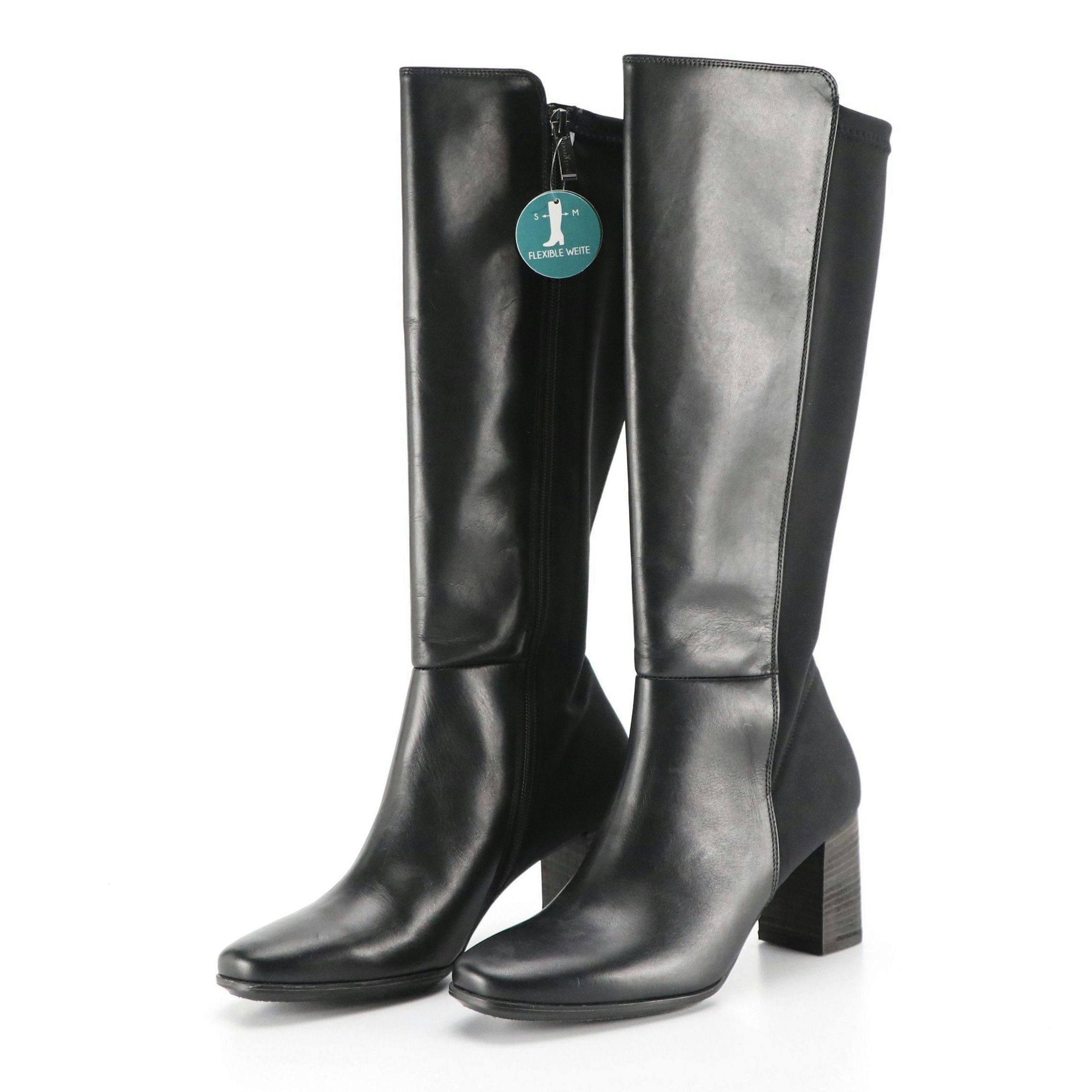 Paul Green Belmont Block Heel Knee-High Boots in Black Leather with Box
