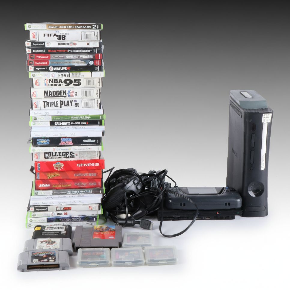 Xbox 360, PlayStation 2, and Game Gear Systems with Video Games and More
