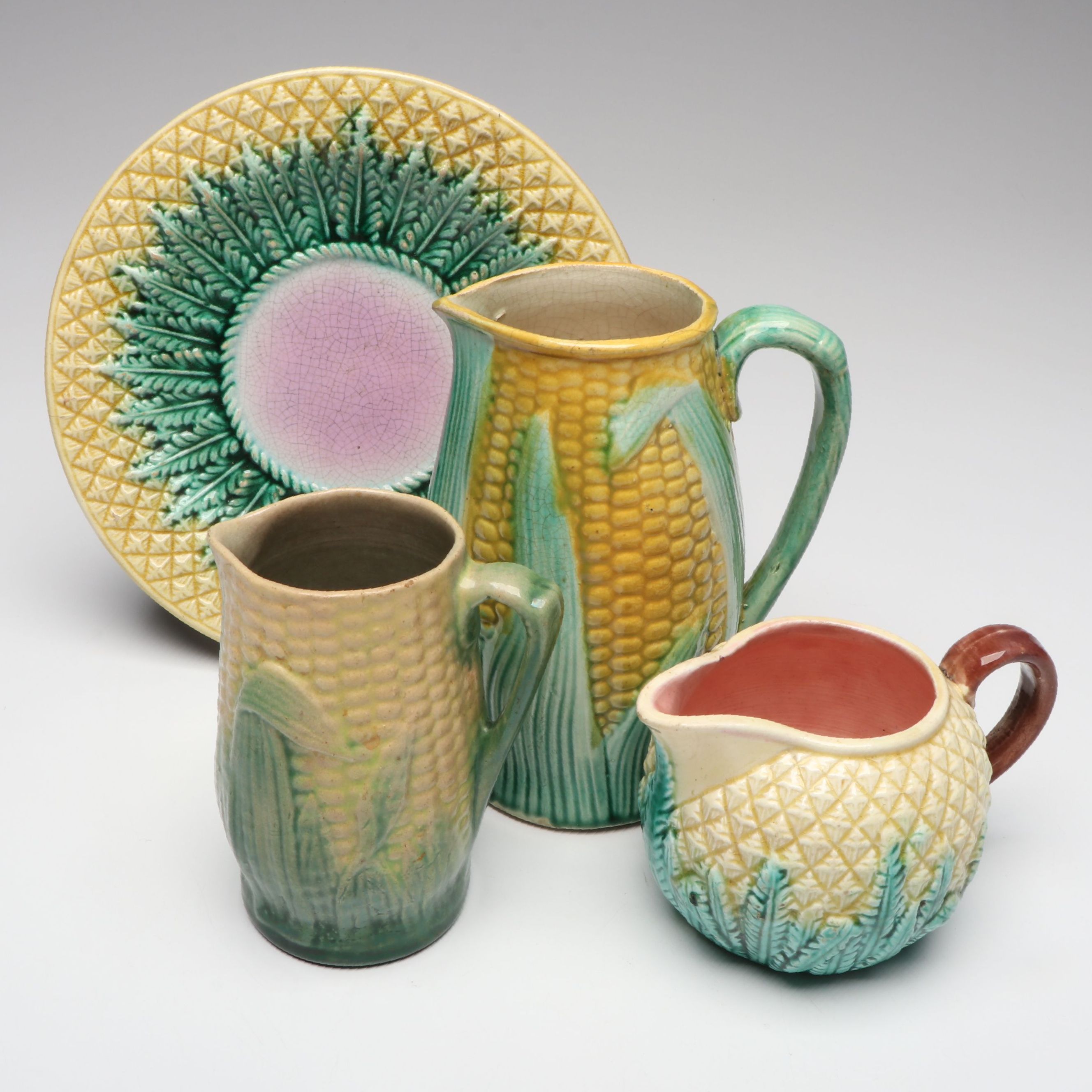 Majolica Style Corn Pitcher, Saucer and Other Table Accessories, Early 20th C.