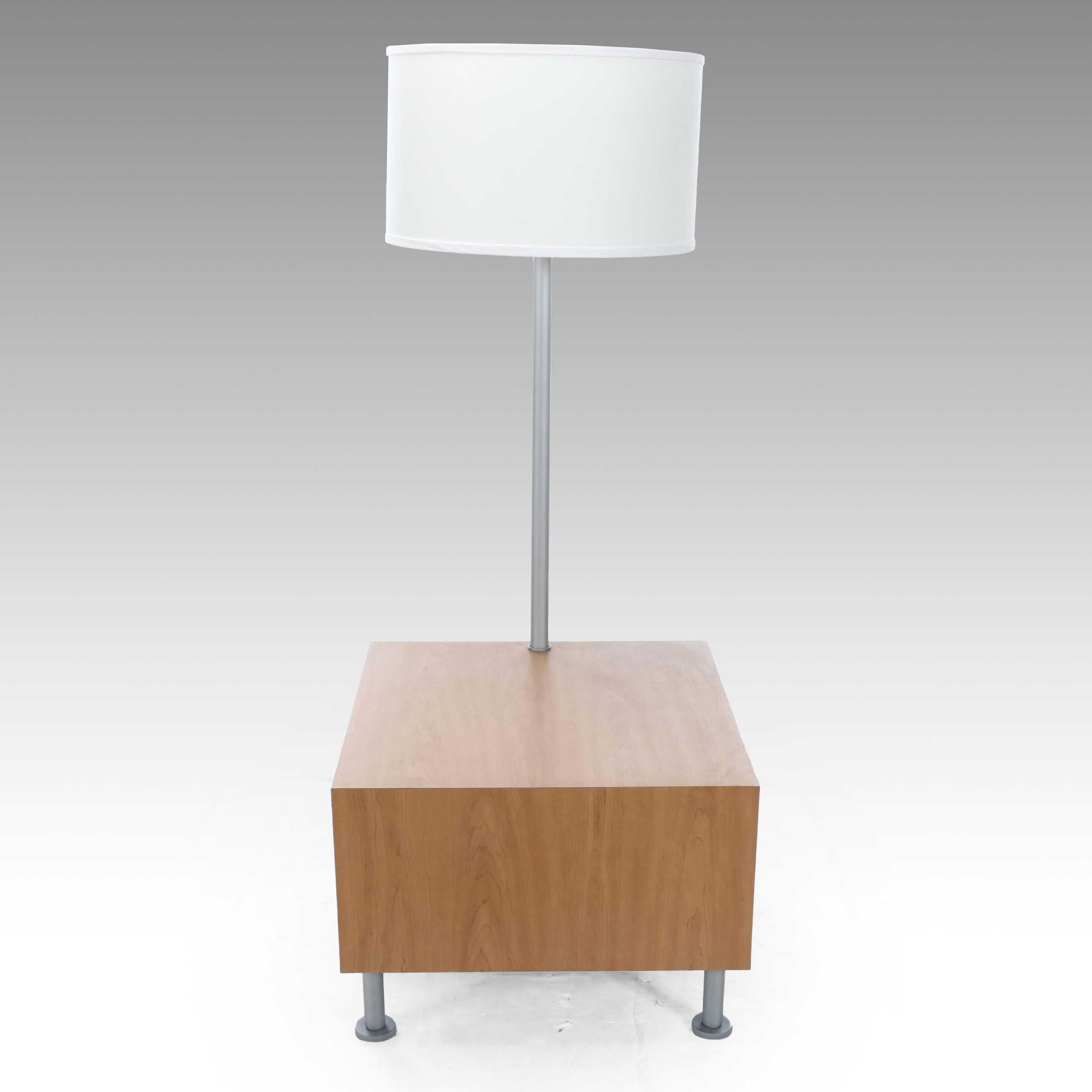 Mid Century Modern Style Wood Side Table with Attached Lamp