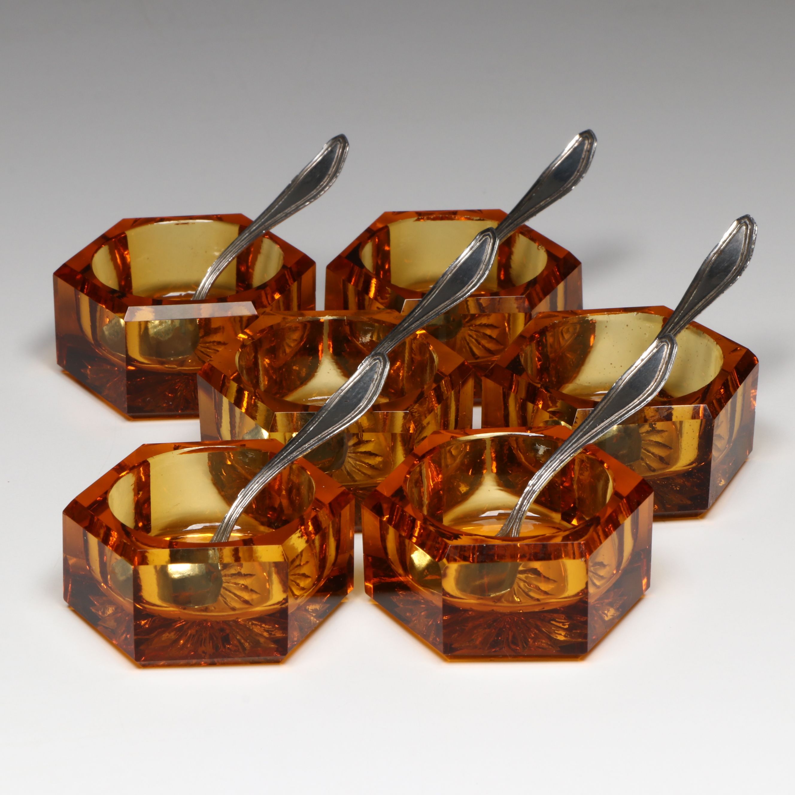 Paye & Baker Sterling Silver Salt Spoons with Amber Glass Open Salt Cellars