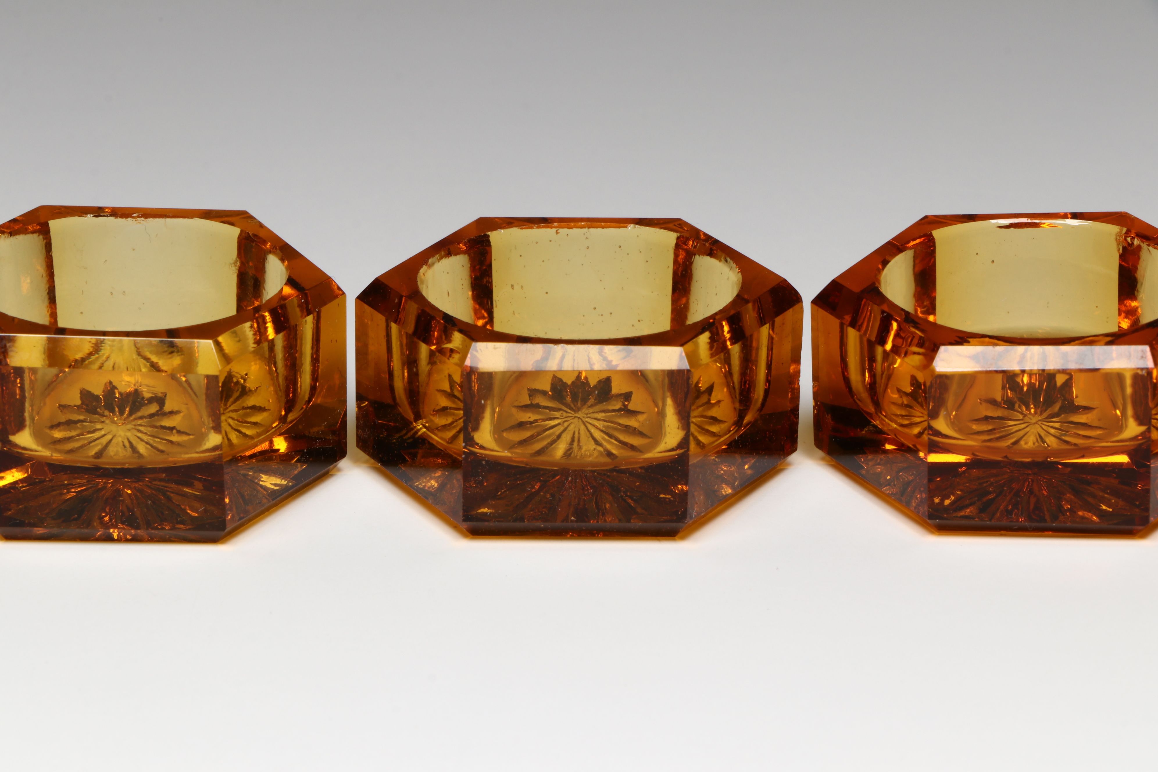 Paye & Baker Sterling Silver Salt Spoons with Amber Glass Open Salt Cellars