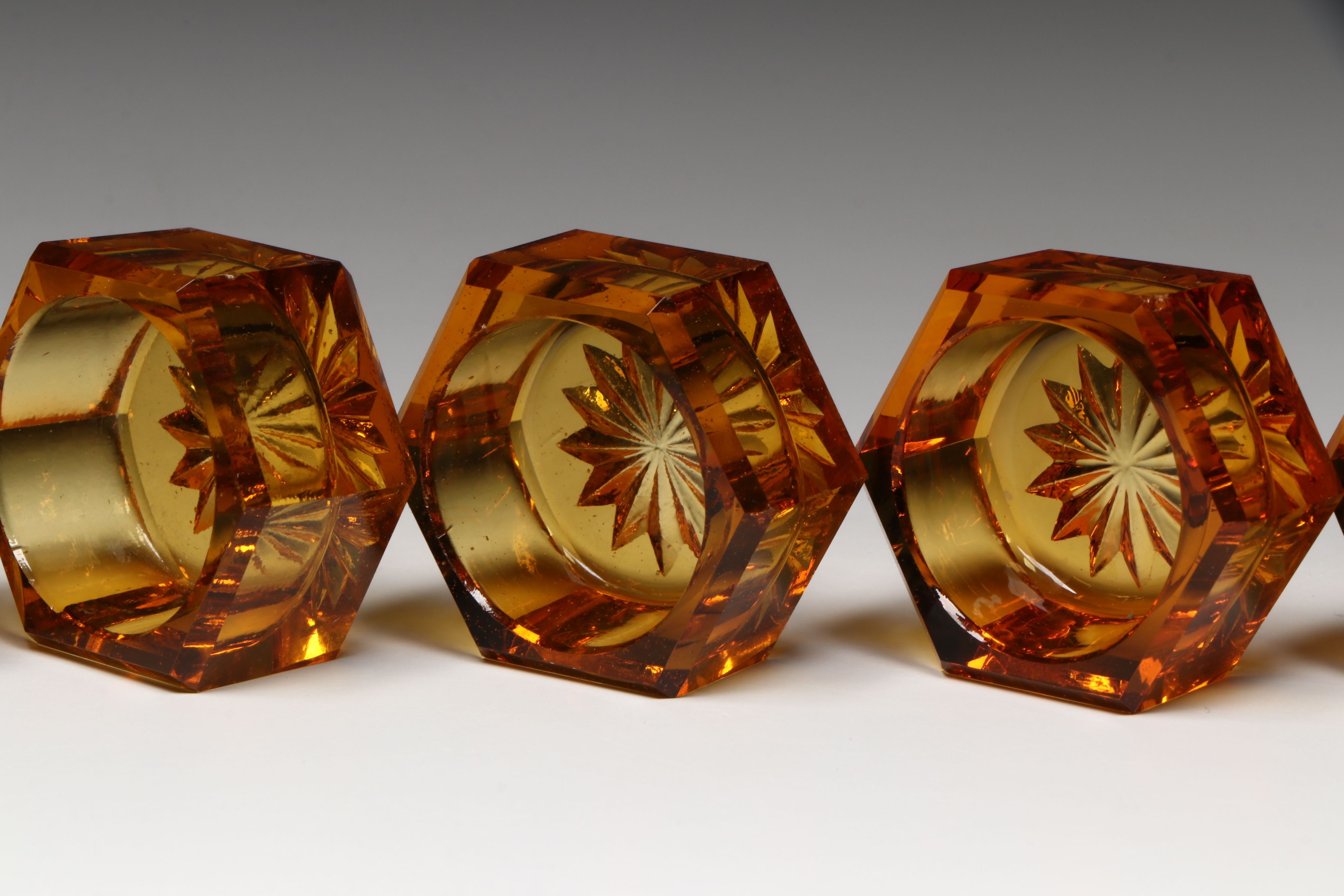 Paye & Baker Sterling Silver Salt Spoons with Amber Glass Open Salt Cellars