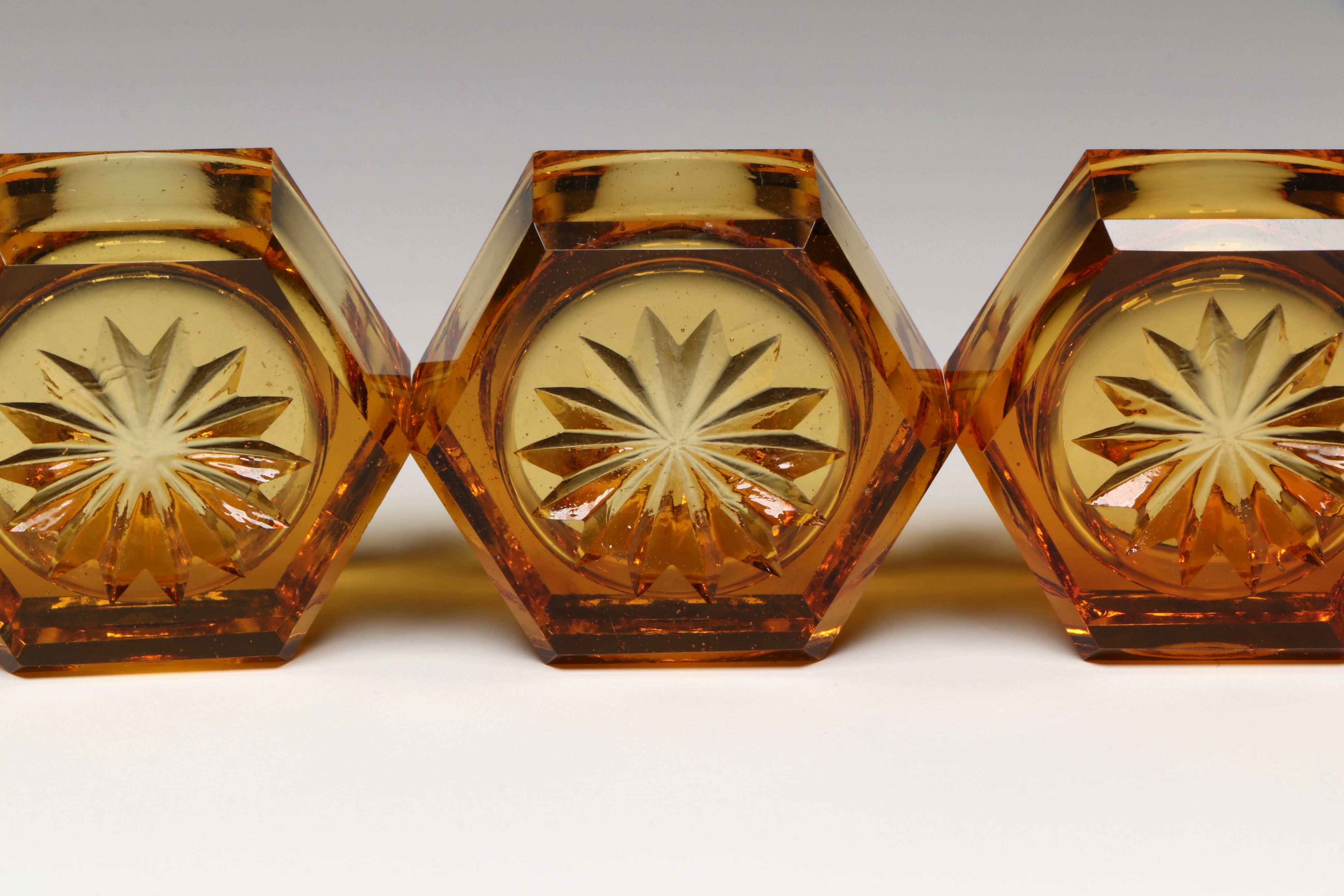 Paye & Baker Sterling Silver Salt Spoons with Amber Glass Open Salt Cellars