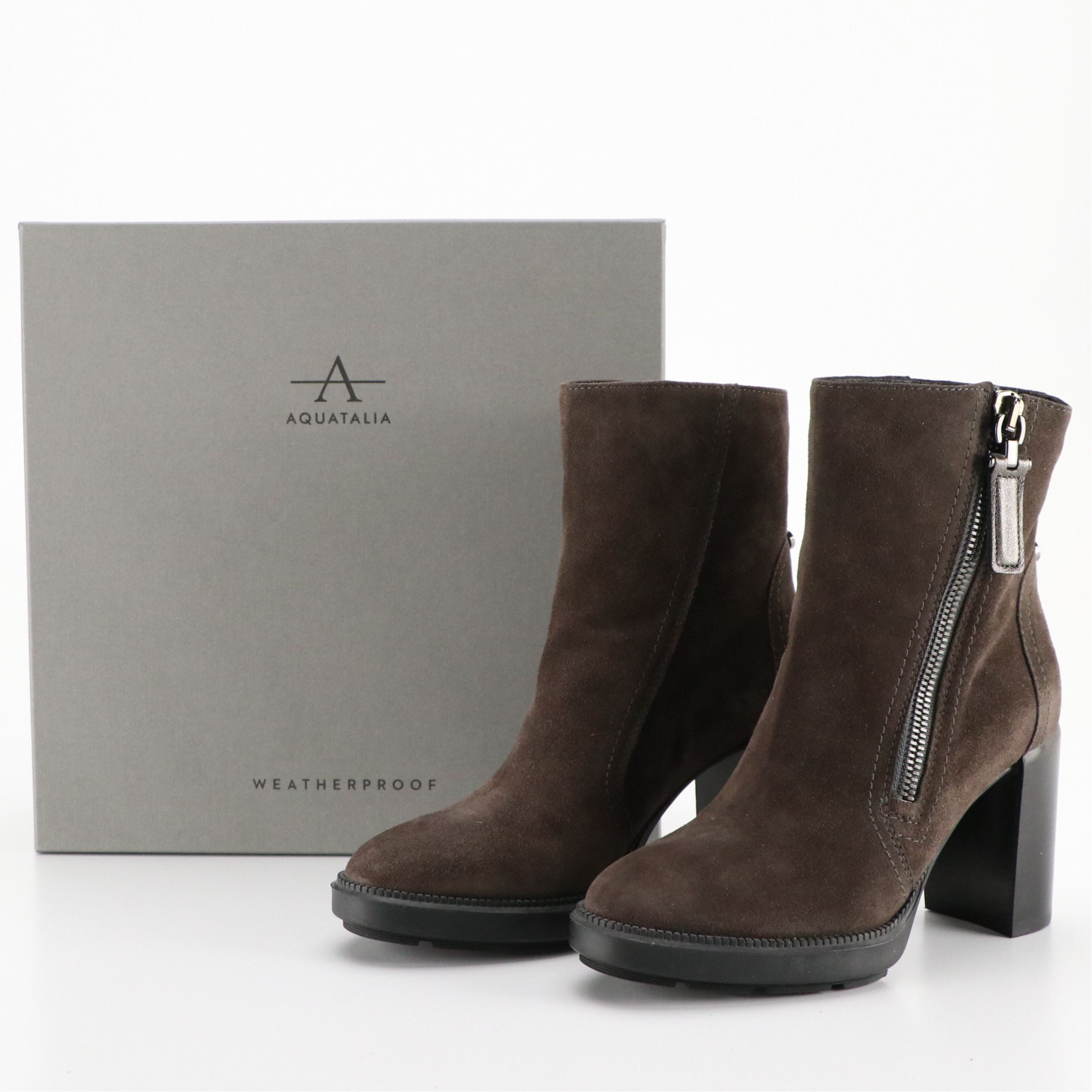 Aquatalia Ilenia Heeled Ankle Boots in Grey Weatherproof Suede, With Box