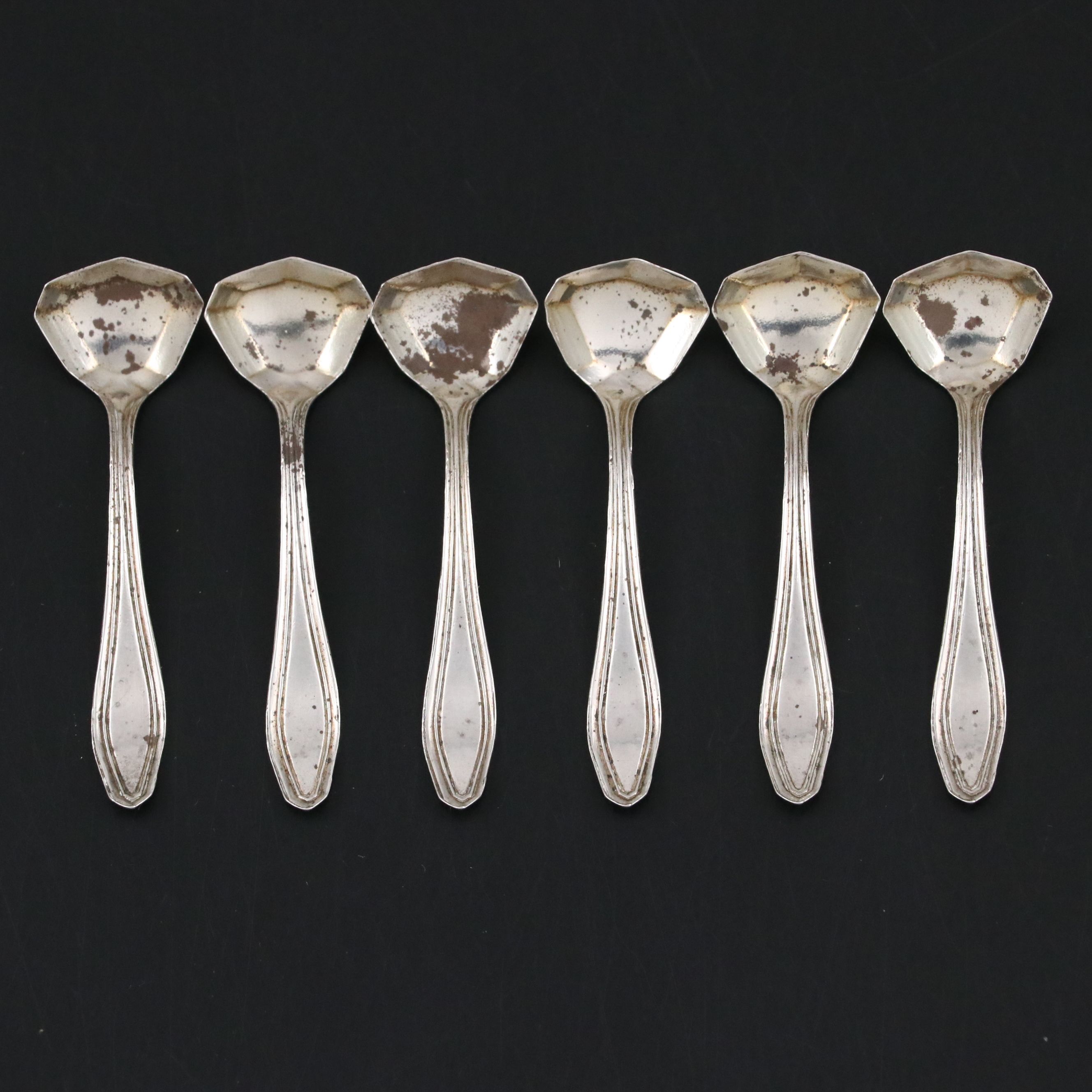 Paye & Baker Sterling Silver Salt Spoons with Amber Glass Open Salt Cellars