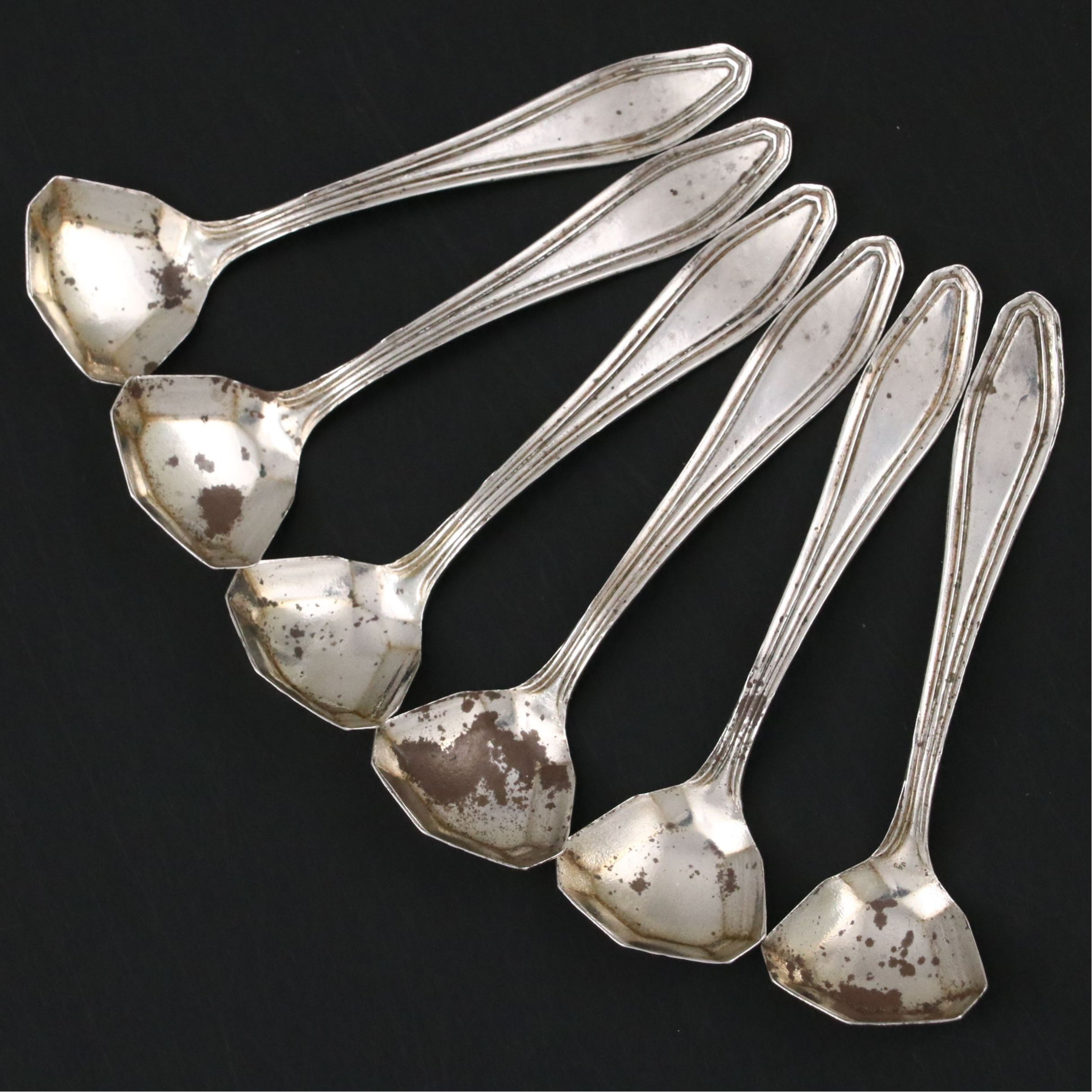 Paye & Baker Sterling Silver Salt Spoons with Amber Glass Open Salt Cellars