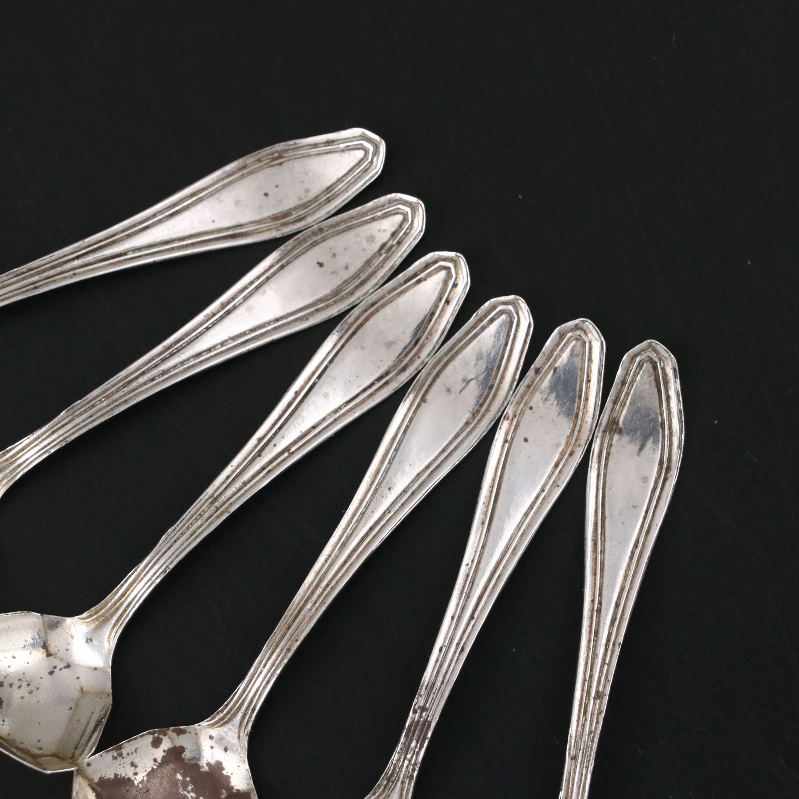 Paye & Baker Sterling Silver Salt Spoons with Amber Glass Open Salt Cellars