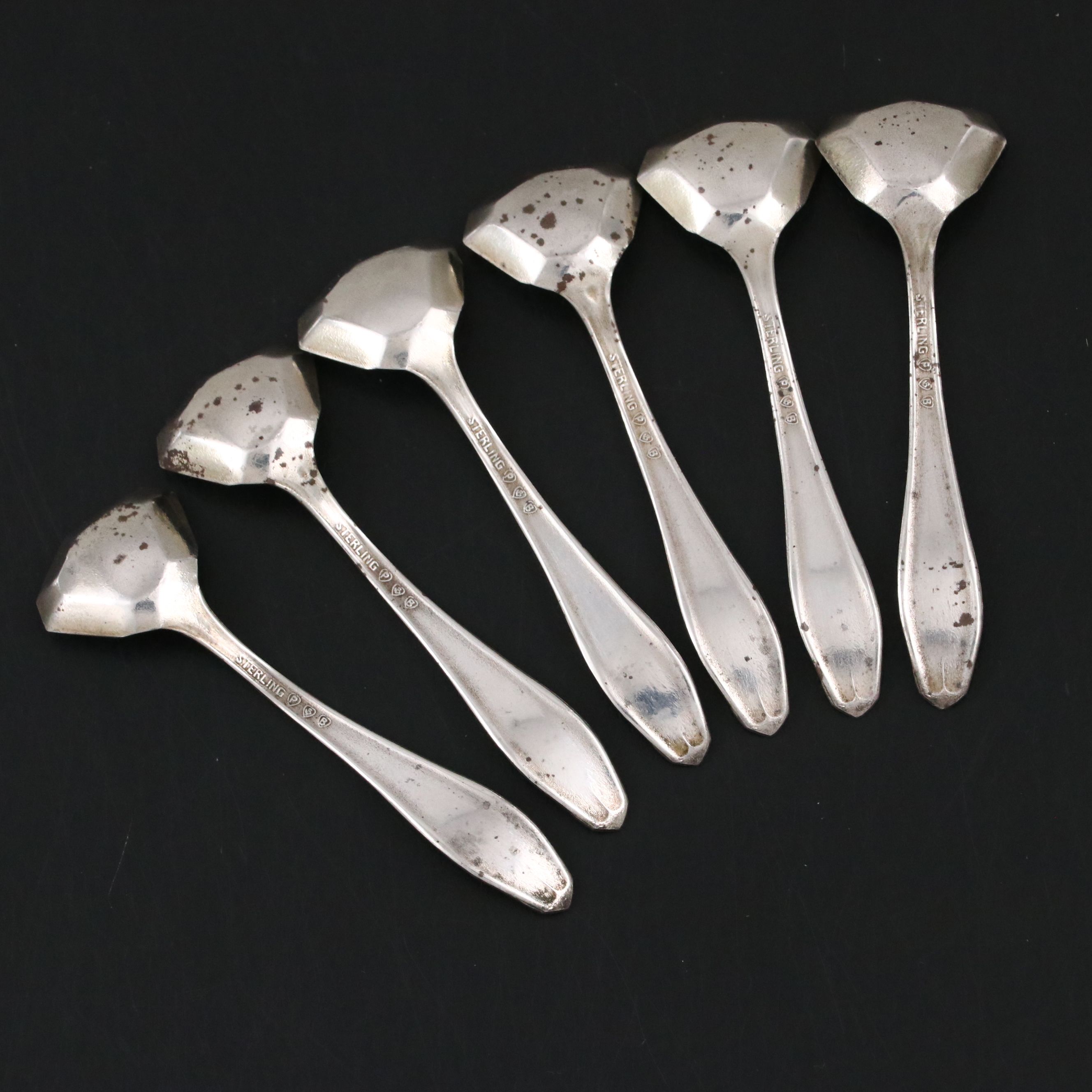 Paye & Baker Sterling Silver Salt Spoons with Amber Glass Open Salt Cellars