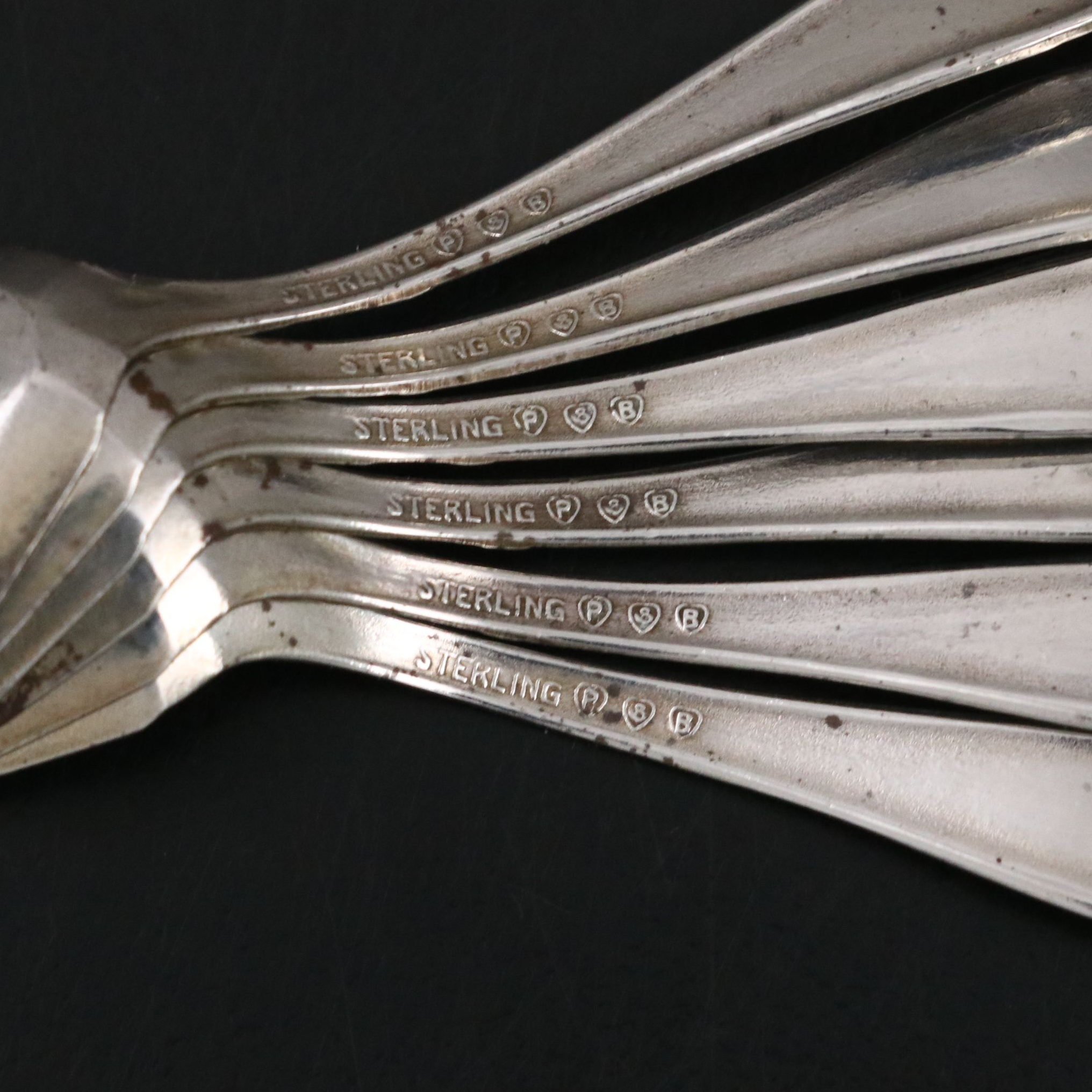 Paye & Baker Sterling Silver Salt Spoons with Amber Glass Open Salt Cellars